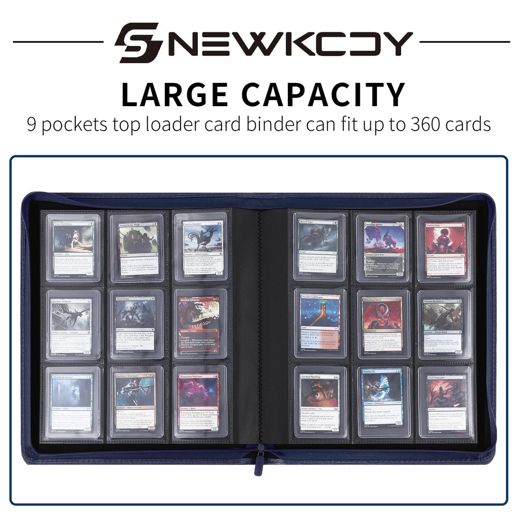 Snekdy Top loader Binder, 9 Pockets Top Loader，Holds 360 Top Loaders cards, Card binder with Sleeves for card in 3 x 4 inches color smooth Zipper PU Leather (Black)