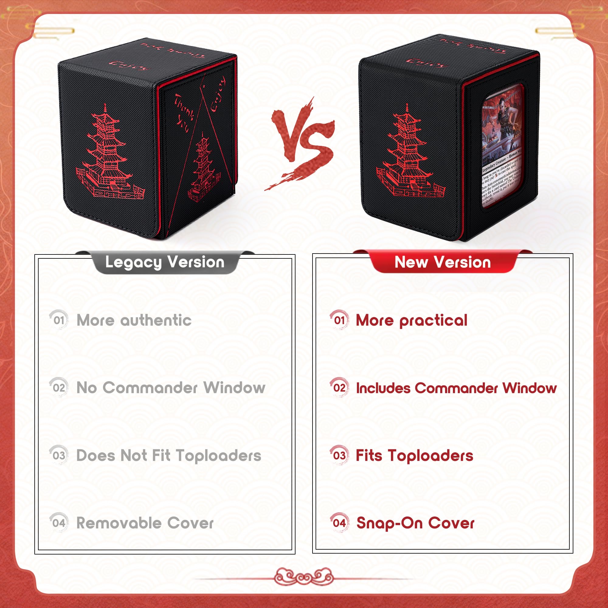 Venssu Chinese Takeout Deck Box with Commander Display, MTG Deck Case Fits 100 Double Sleeved Cards / 35+ Toploaders, Fake Leather Storage Box Compatible with TCG/PTCG Cards（White and Red）