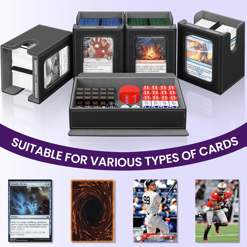 Card Deck Box for MTG with Commander Display, 5 in 1 Card Storage Box Fits 400+ Double-sleeved Cards, Deck Case for TCG Cards with Dividers, Dice Tray, Magnetic Card Holders, Black Purple