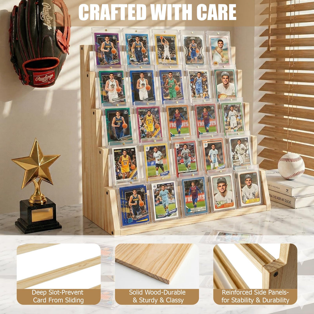 5 Tier Wooden Card Display Stand – Vertical Card Holder Display for Trading Cards, Game Cards, Sports Cards, Graded PSA/BGS/SGC, Baseball, Basketball&Football(Soccer) Card Stand, Desk & Shelf Organize,Black