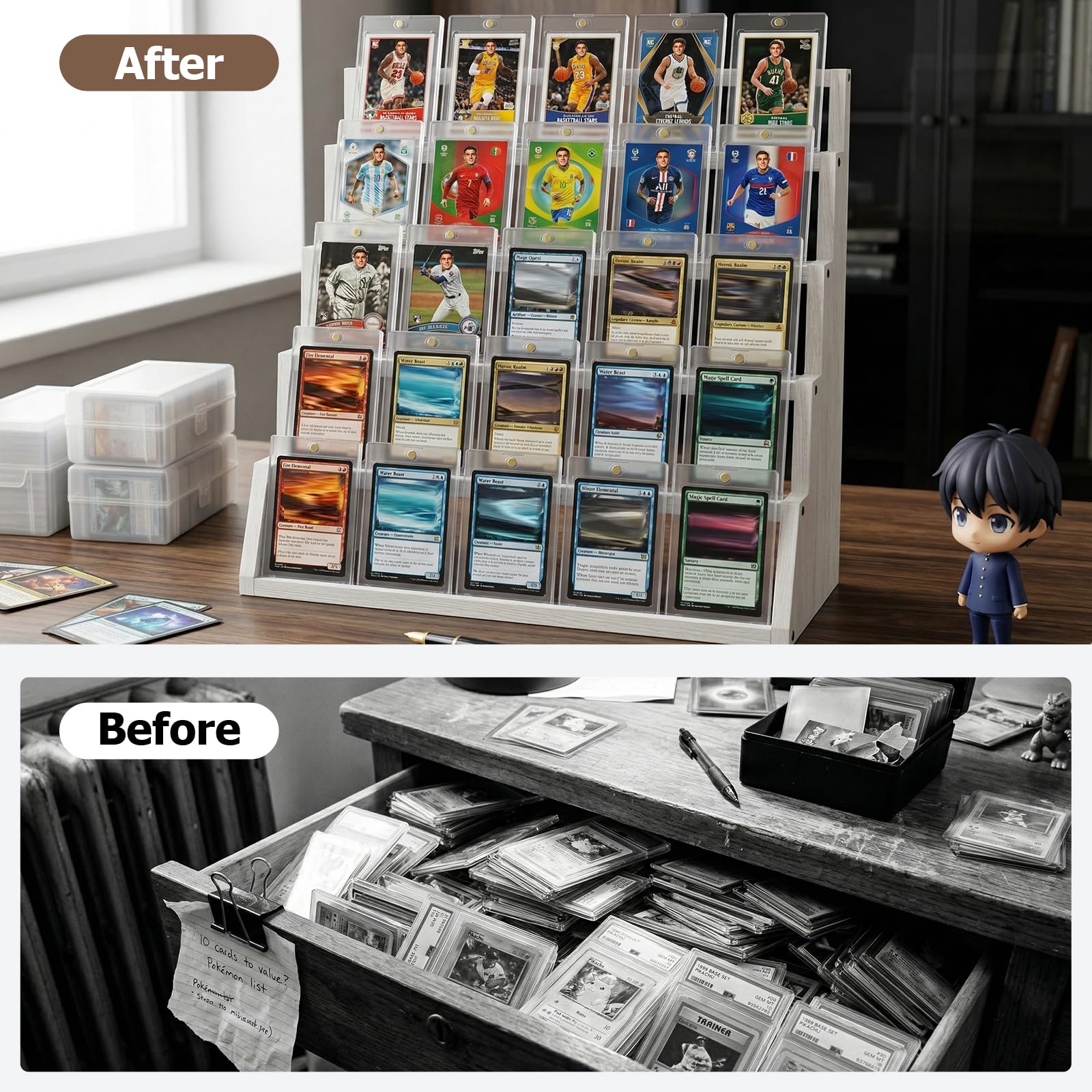 5 Tier Wooden Card Display Stand – Vertical Card Holder Display for Trading Cards, Game Cards, Sports Cards, Graded PSA/BGS/SGC, Baseball, Basketball&Football(Soccer) Card Stand, Desk & Shelf Organize,Black