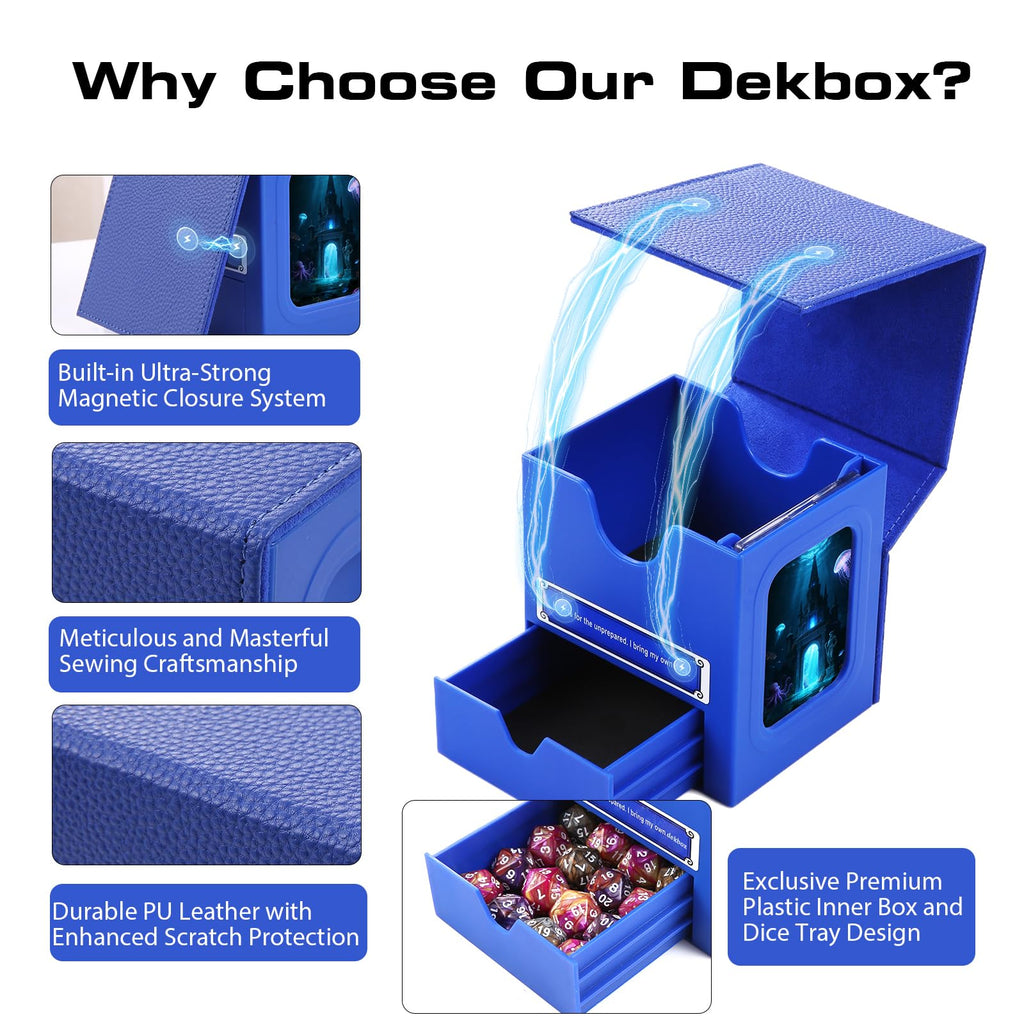 Patented MTG Commander DekBox, 100+ Double Sleeved Card Storage Box with Dice Tray, 35pt Card Holder & 2 Dividers - Magnetic Deck Case for TCG/CCG/Magic/Sports Cards, Black
