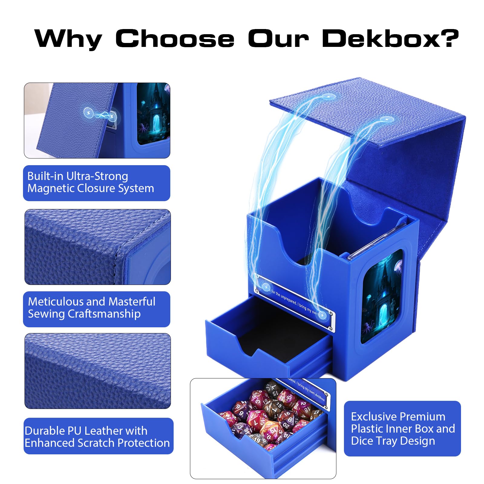 Patented MTG Commander DekBox, 100+ Double Sleeved Card Storage Box with Dice Tray, 35pt Card Holder & 2 Dividers - Magnetic Deck Case for TCG/CCG/Magic/Sports Cards, Black
