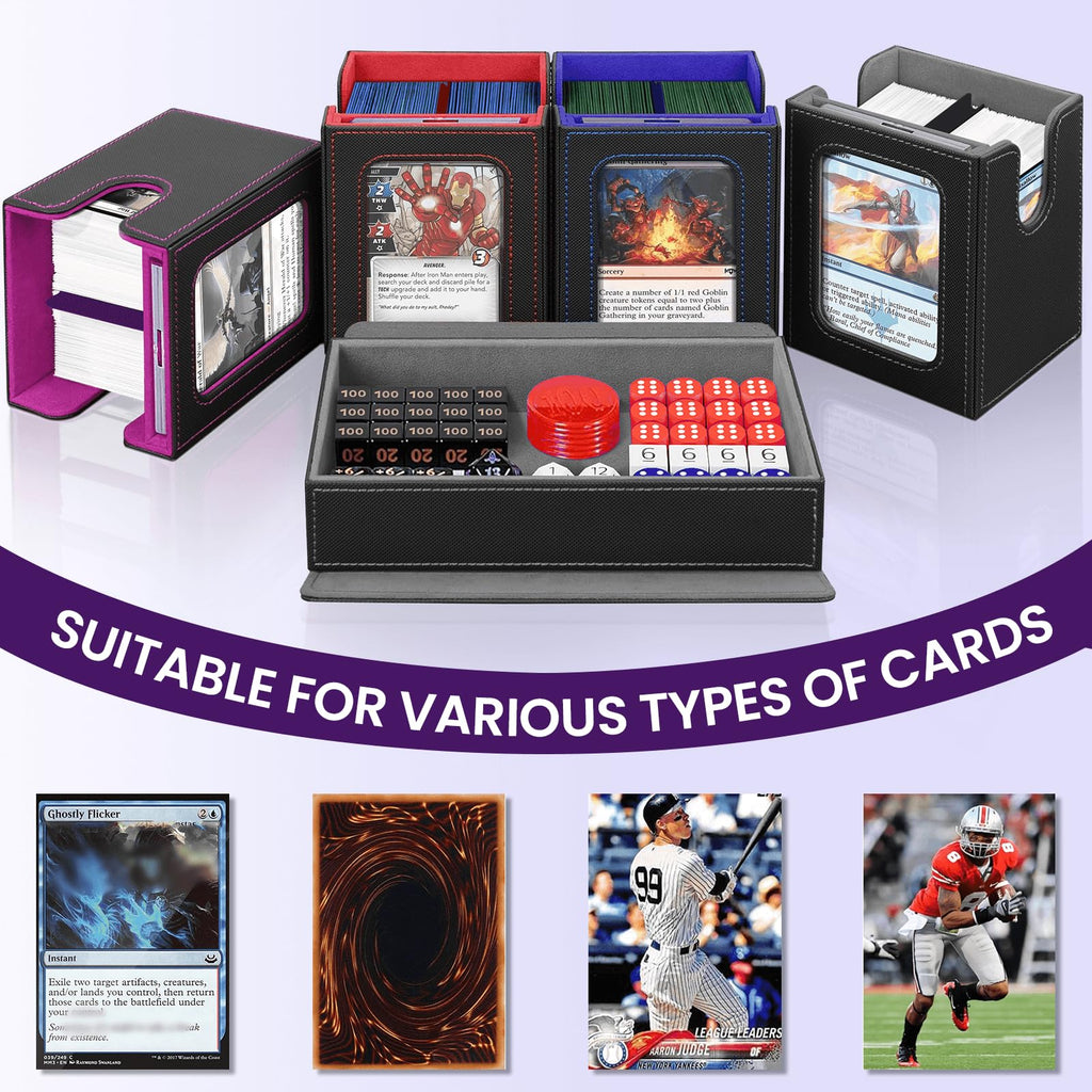 Card Deck Box for MTG with Commander Display, 5 in 1 Card Storage Box Fits 400+ Double-sleeved Cards, Deck Case for TCG Cards with Dividers, Dice Tray, Magnetic Card Holders, Black Purple