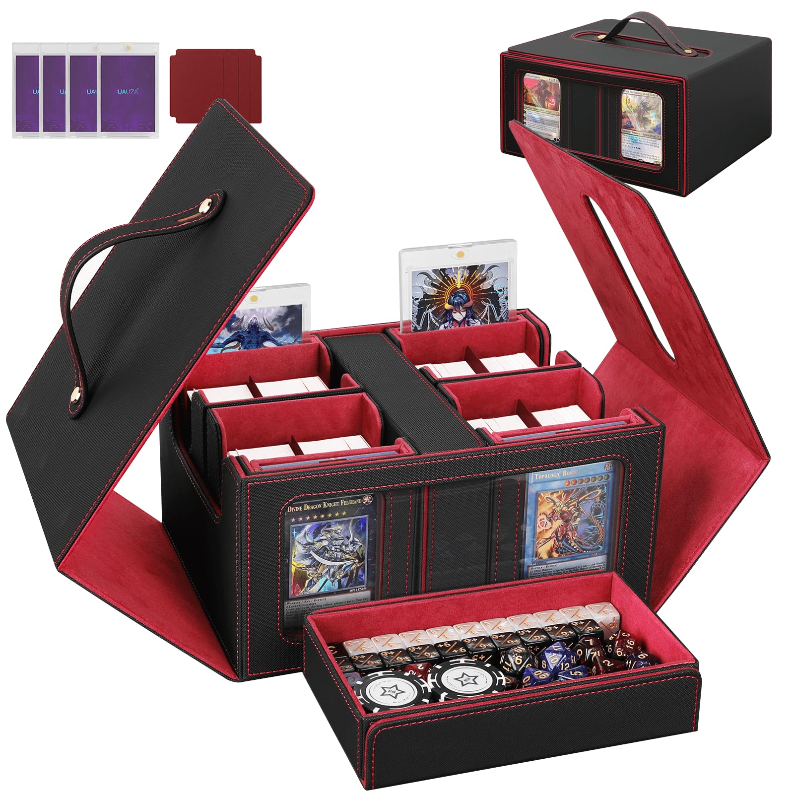 Card Deck Box for MTG with Commander Display, 5 in 1 Card Storage Box Fits 400+ Double-sleeved Cards, Deck Case for TCG Cards with Dividers, Dice Tray, Magnetic Card Holders, Black Purple