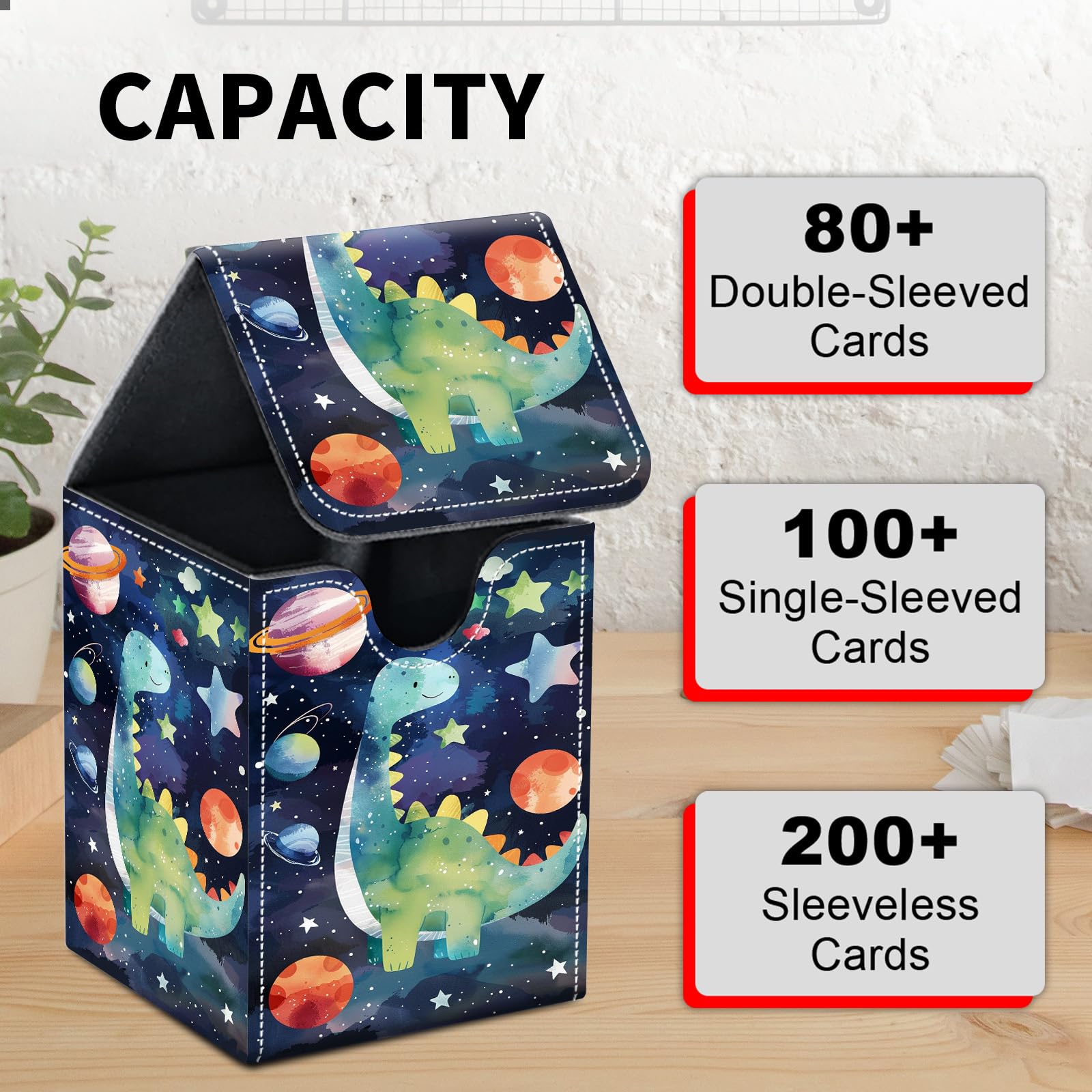Card Deck Box for MTG Trading Cards, Magic Card Box Can Hold 110+ Single Sleeved Cards, Waterproof PU Leather Material, Strong Magnetic Buckle Card Set Box Suitable for TCG CCG, Astronaut Dinosaur