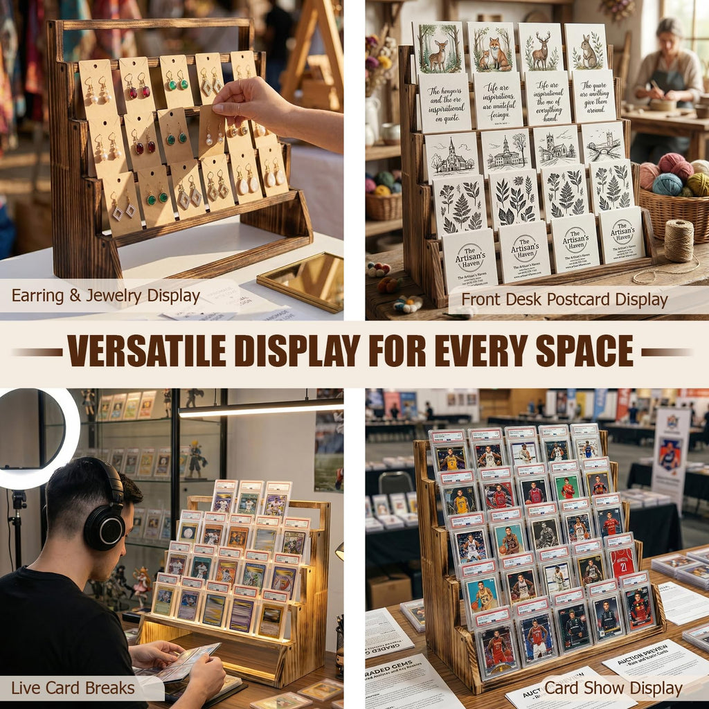 5 Tier Wooden Card Display Stand – Vertical Card Holder Display for Trading Cards, Game Cards, Sports Cards, Graded PSA/BGS/SGC, Baseball, Basketball&Football(Soccer) Card Stand, Desk & Shelf Organize,Black