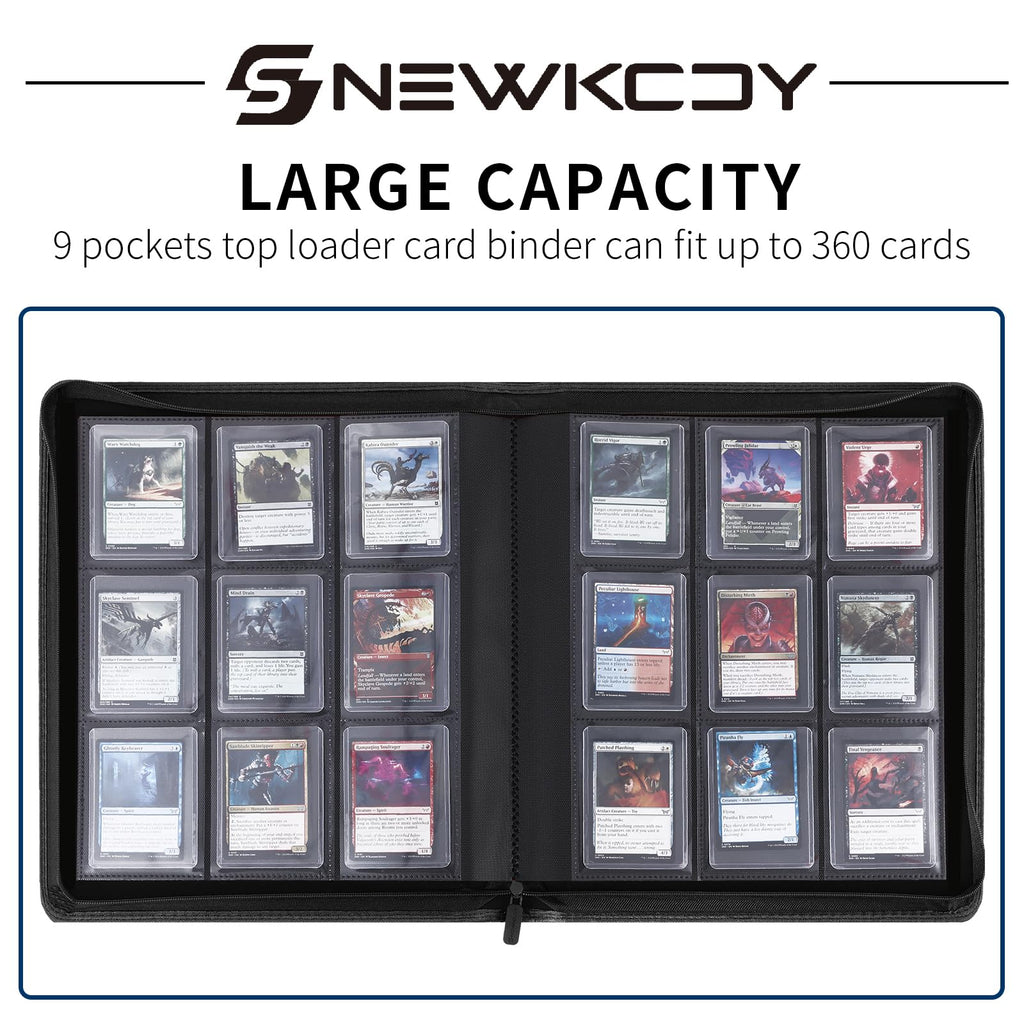 Snekdy Top loader Binder, 9 Pockets Top Loader，Holds 360 Top Loaders cards, Card binder with Sleeves for card in 3 x 4 inches color smooth Zipper PU Leather (Black)