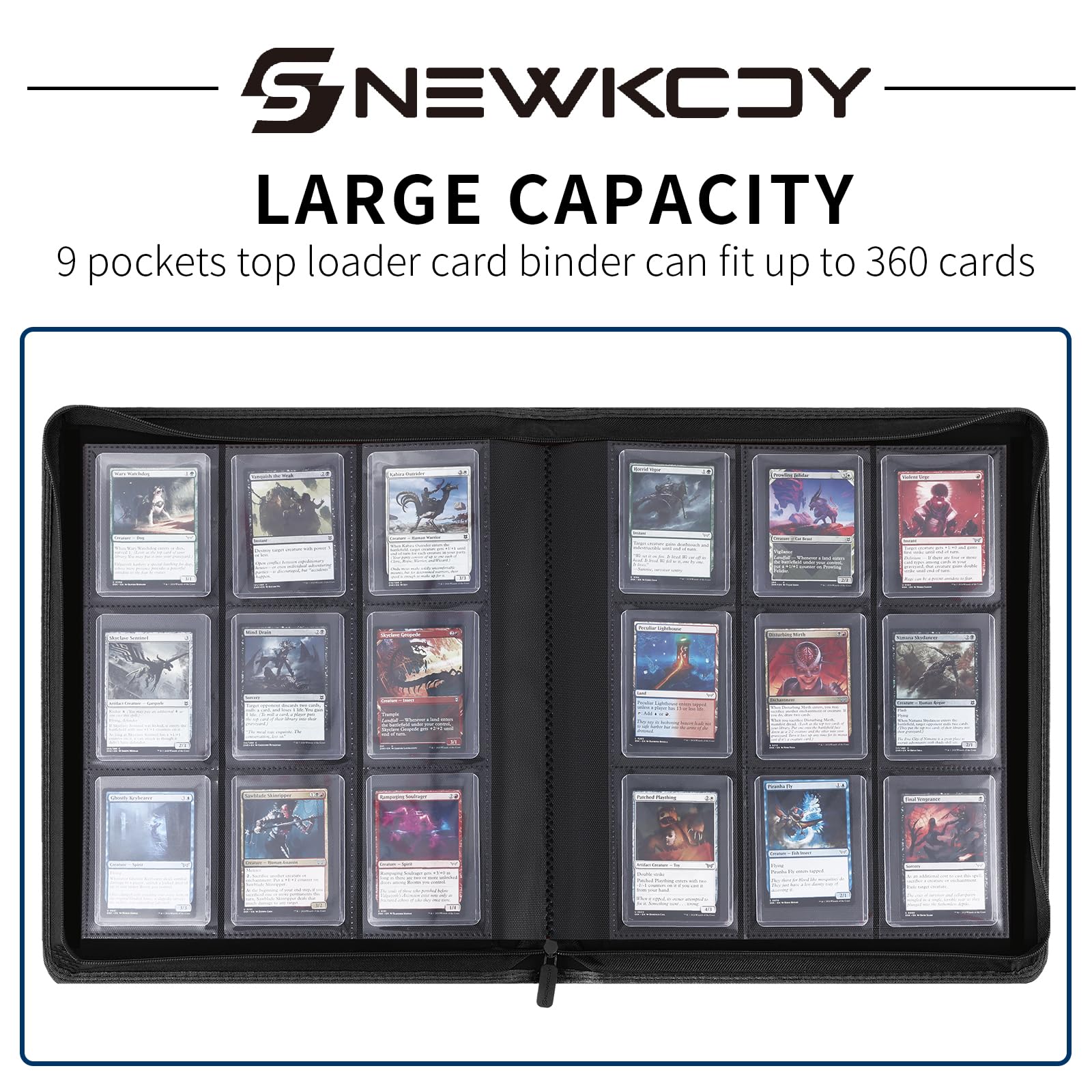 Snekdy Top loader Binder, 9 Pockets Top Loader，Holds 360 Top Loaders cards, Card binder with Sleeves for card in 3 x 4 inches color smooth Zipper PU Leather (Black)