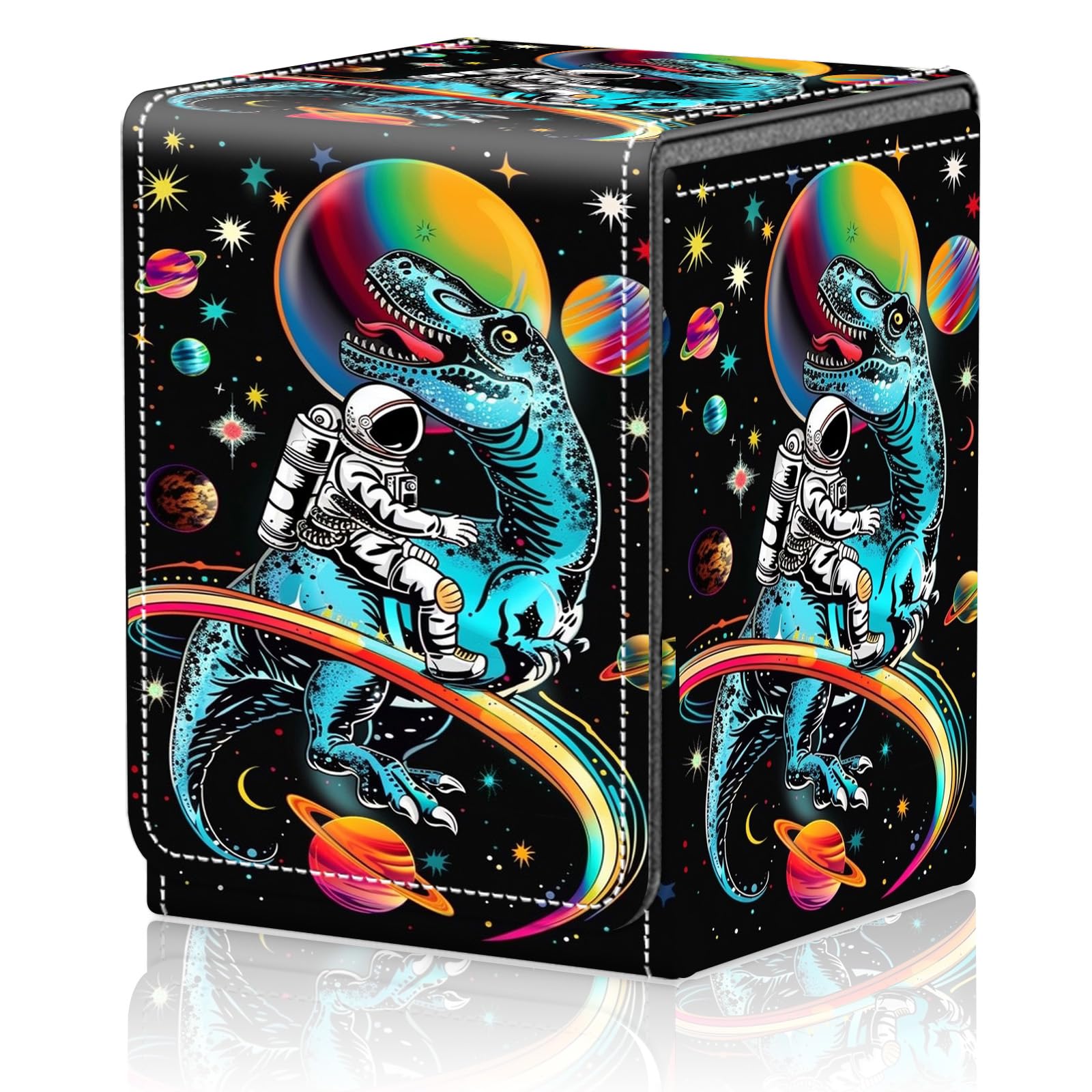 Card Deck Box for MTG Trading Cards, Magic Card Box Can Hold 110+ Single Sleeved Cards, Waterproof PU Leather Material, Strong Magnetic Buckle Card Set Box Suitable for TCG CCG, Astronaut Dinosaur