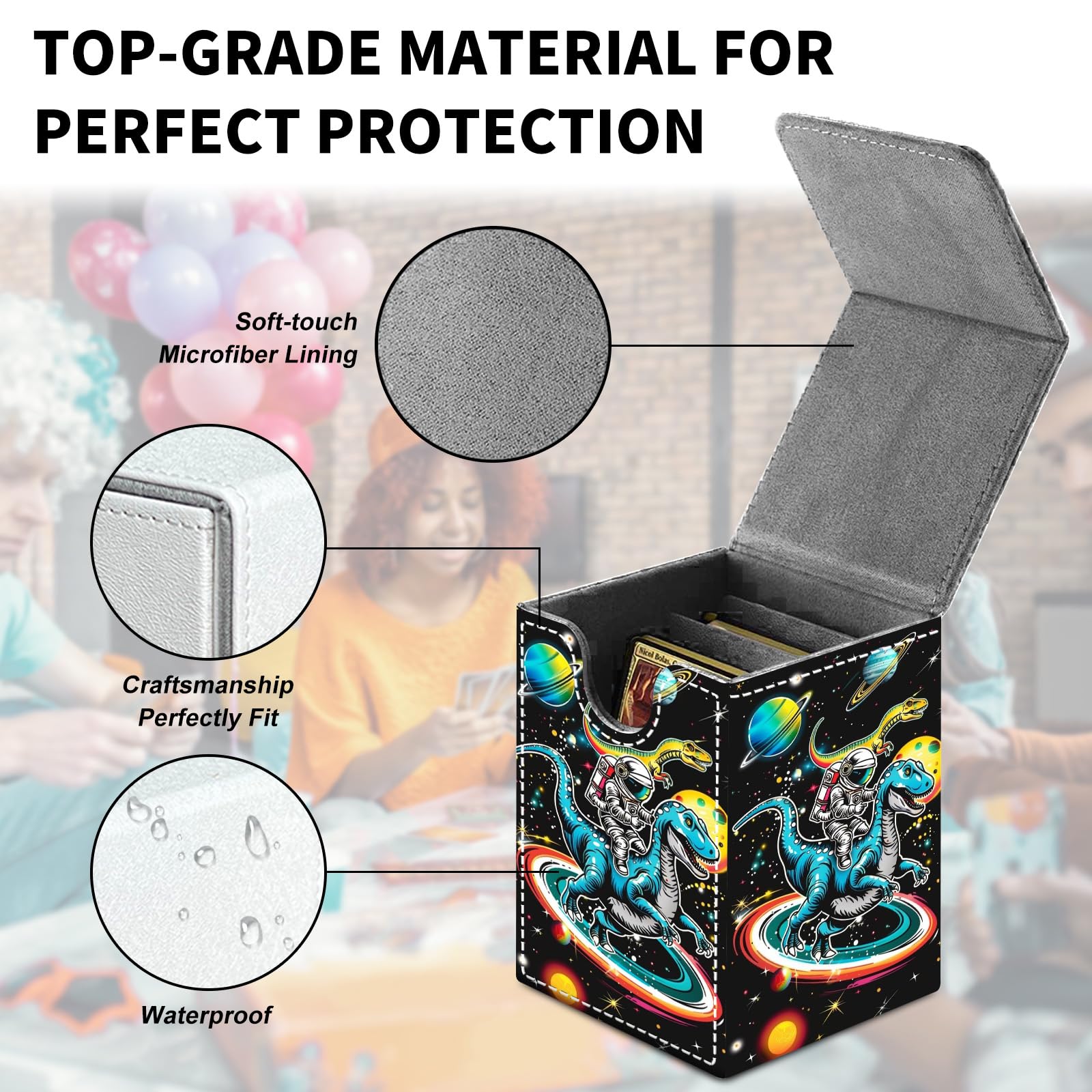 Card Deck Box for MTG Trading Cards, Magic Card Box Can Hold 110+ Single Sleeved Cards, Waterproof PU Leather Material, Strong Magnetic Buckle Card Set Box Suitable for TCG CCG, Astronaut Dinosaur