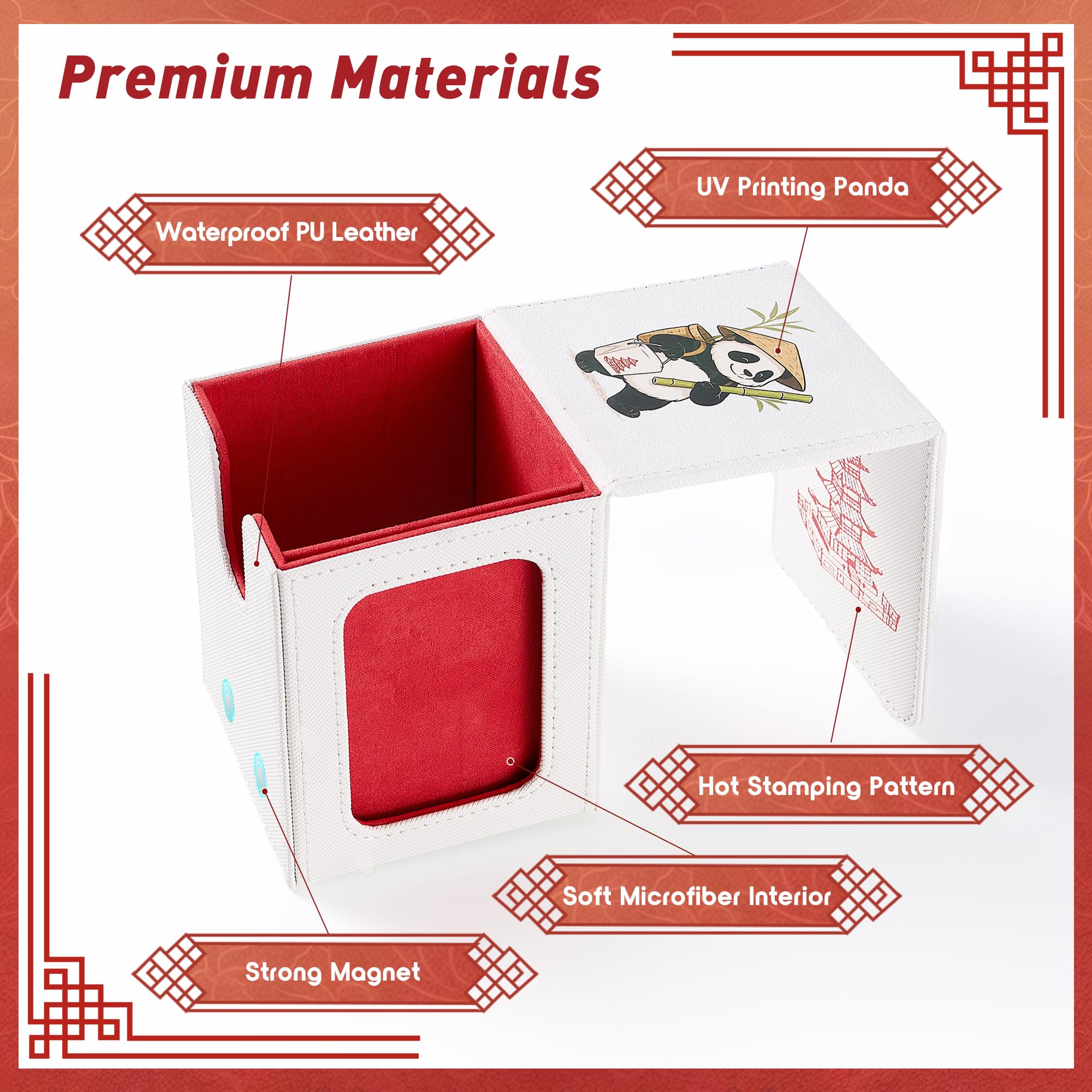 Venssu Chinese Takeout Deck Box with Commander Display, MTG Deck Case Fits 100 Double Sleeved Cards / 35+ Toploaders, Fake Leather Storage Box Compatible with TCG/PTCG Cards（White and Red）