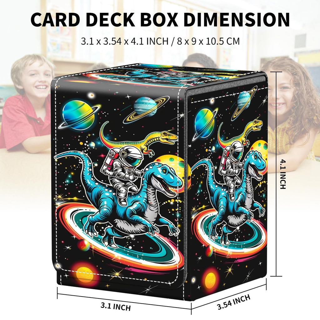Card Deck Box for MTG Trading Cards, Magic Card Box Can Hold 110+ Single Sleeved Cards, Waterproof PU Leather Material, Strong Magnetic Buckle Card Set Box Suitable for TCG CCG, Astronaut Dinosaur
