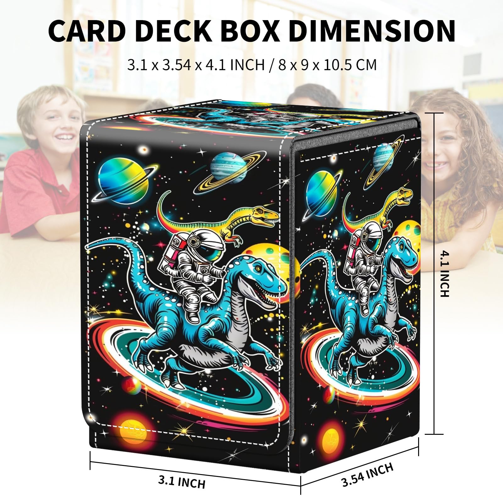Card Deck Box for MTG Trading Cards, Magic Card Box Can Hold 110+ Single Sleeved Cards, Waterproof PU Leather Material, Strong Magnetic Buckle Card Set Box Suitable for TCG CCG, Astronaut Dinosaur