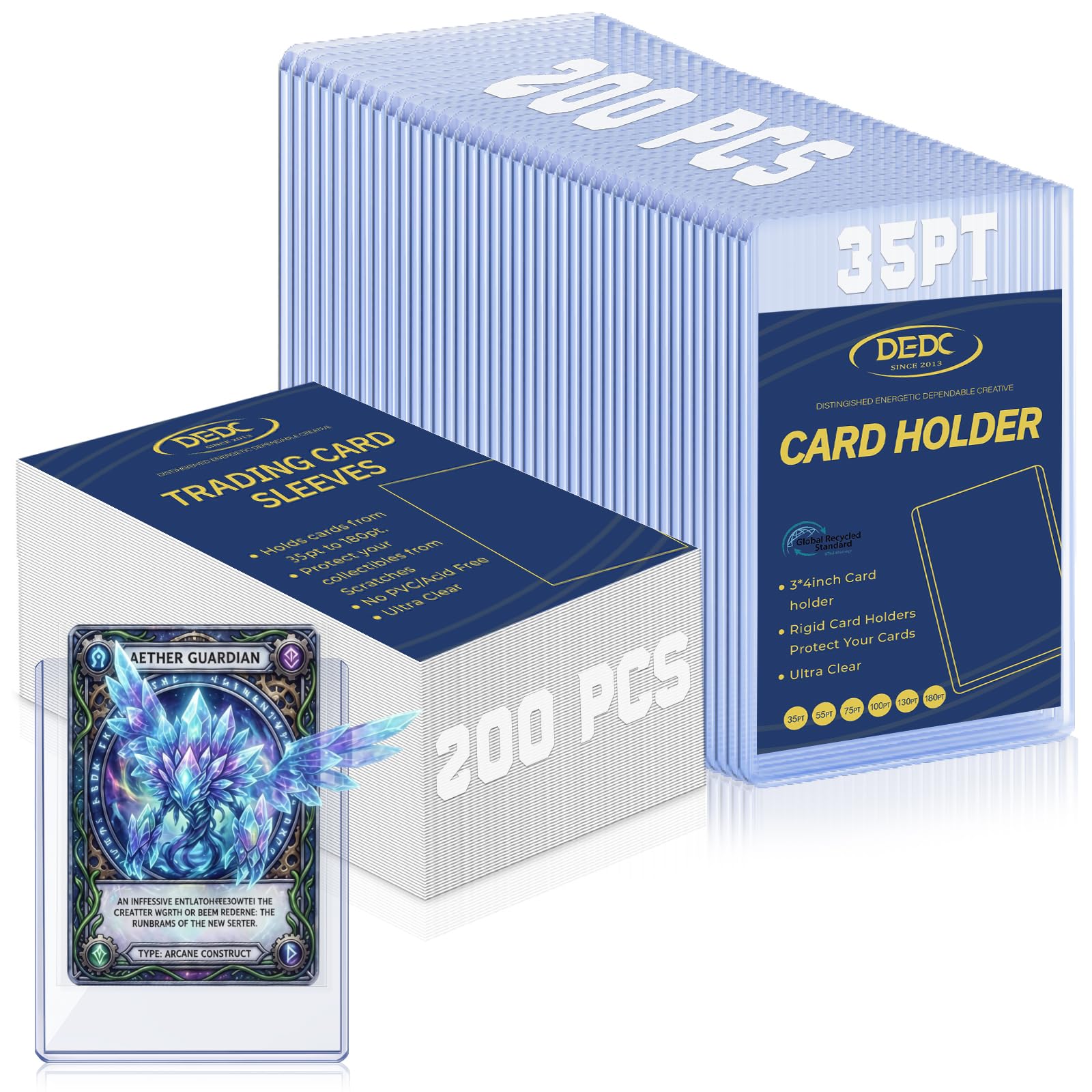 DEDC 200 Top Loader Thick Card Load Holder Storage for Trading Cards Sports Soft Penny Sleeves Hard Plastic 35 Point Protective 3" x 4" Toploaders Rigid Memorabilia Collectibles