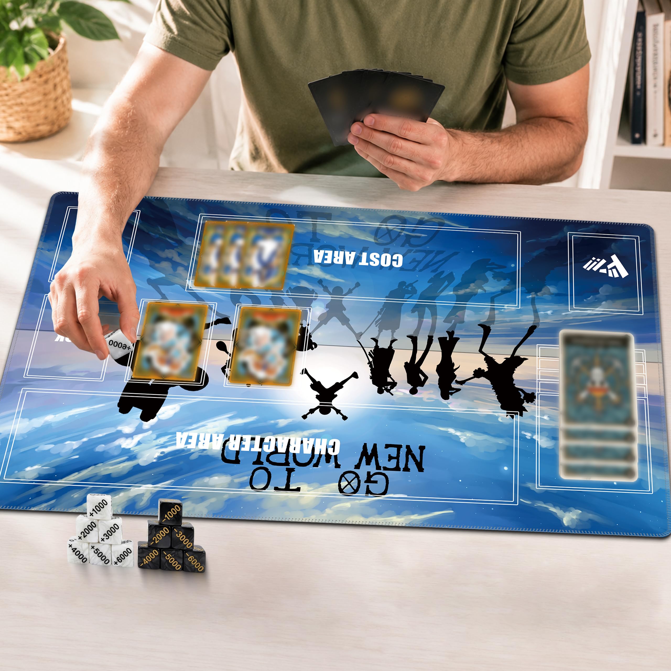 Single-Player TCG Playmat with Zones Compatible with One Piece Card Game, Bonus Power Counter Dice & Storage Bag Included 24x14 Inches, Non-Slip Rubber Trading Card Game Mat (Fiery Showdown)