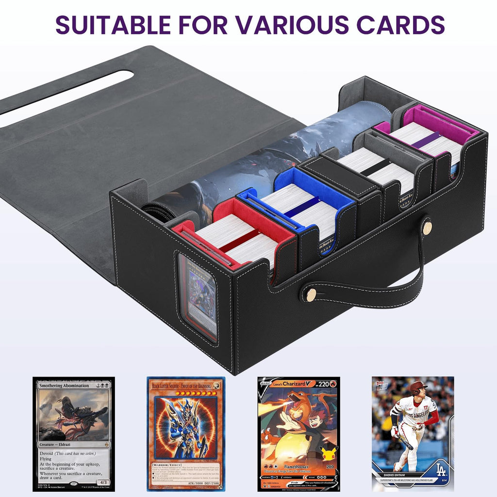 Card Deck Box for MTG with Commander Display, 5 in 1 Card Storage Box Fits 400+ Double-sleeved Cards, Deck Case for TCG Cards with Dividers, Dice Tray, Magnetic Card Holders, Black Purple