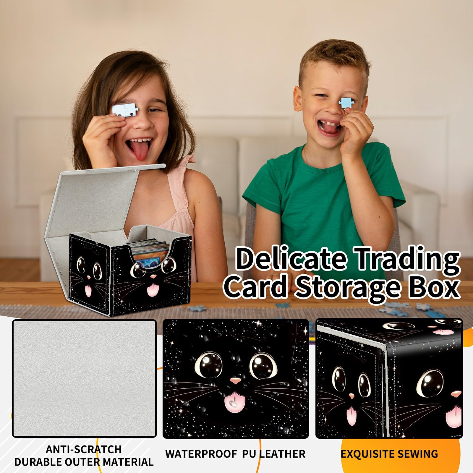Card Deck Box Trading Cards Storage Box with Strong Magnet Premium Case Commander Deck Storage Cover for TCG CCG Magic Cards,Cat Face With Stars
