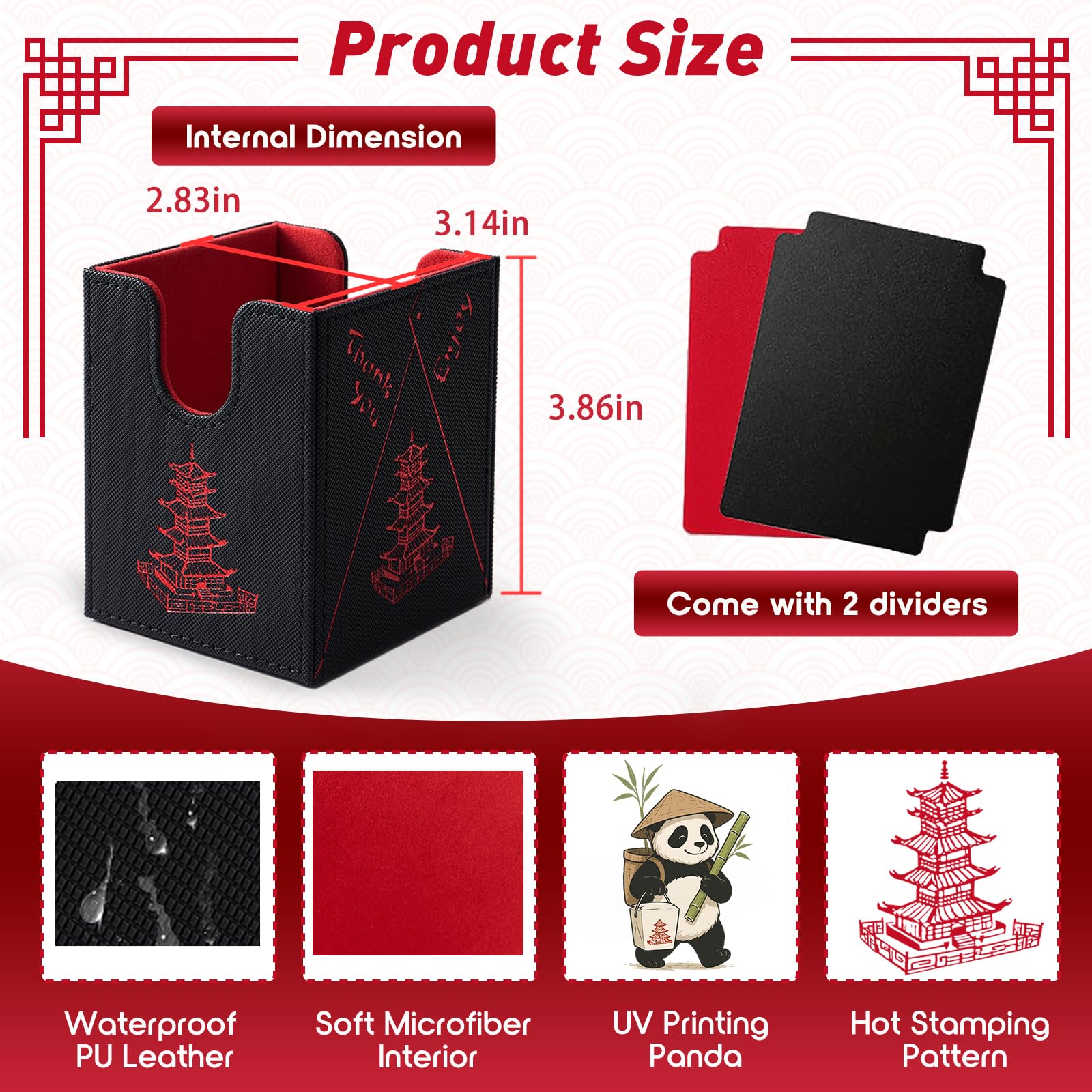 Venssu Chinese Takeout MTG Commander Deck Box, Fits TCG Cards (Black&Red) | Holds 130 Single/100 Double-Sleeved Cards, Fit MTG/PTCG/OPTCG Cards, Strong Magnet, PU Leather, With 2 Dividers