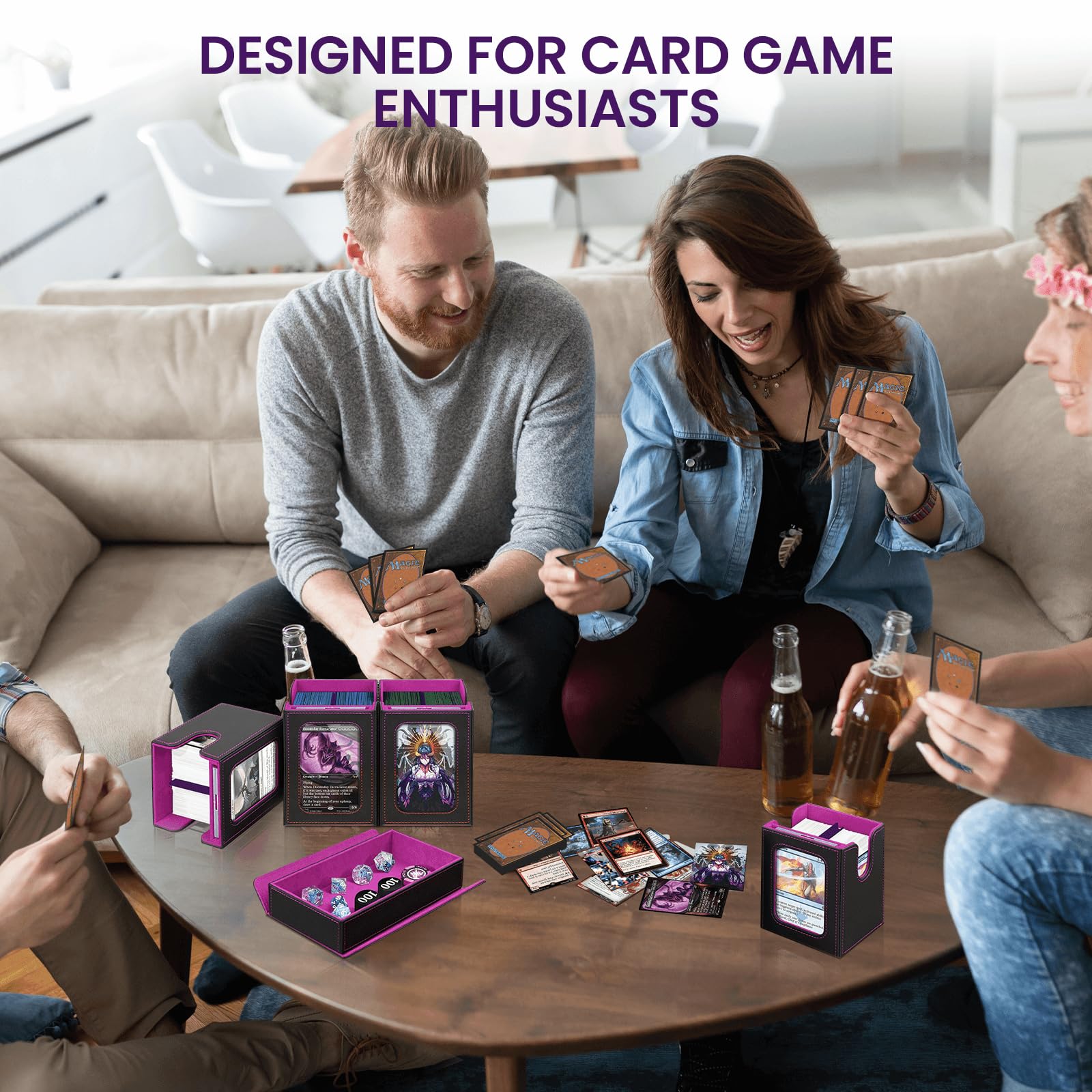 Card Deck Box for MTG with Commander Display, 5 in 1 Card Storage Box Fits 400+ Double-sleeved Cards, Deck Case for TCG Cards with Dividers, Dice Tray, Magnetic Card Holders, Black Purple