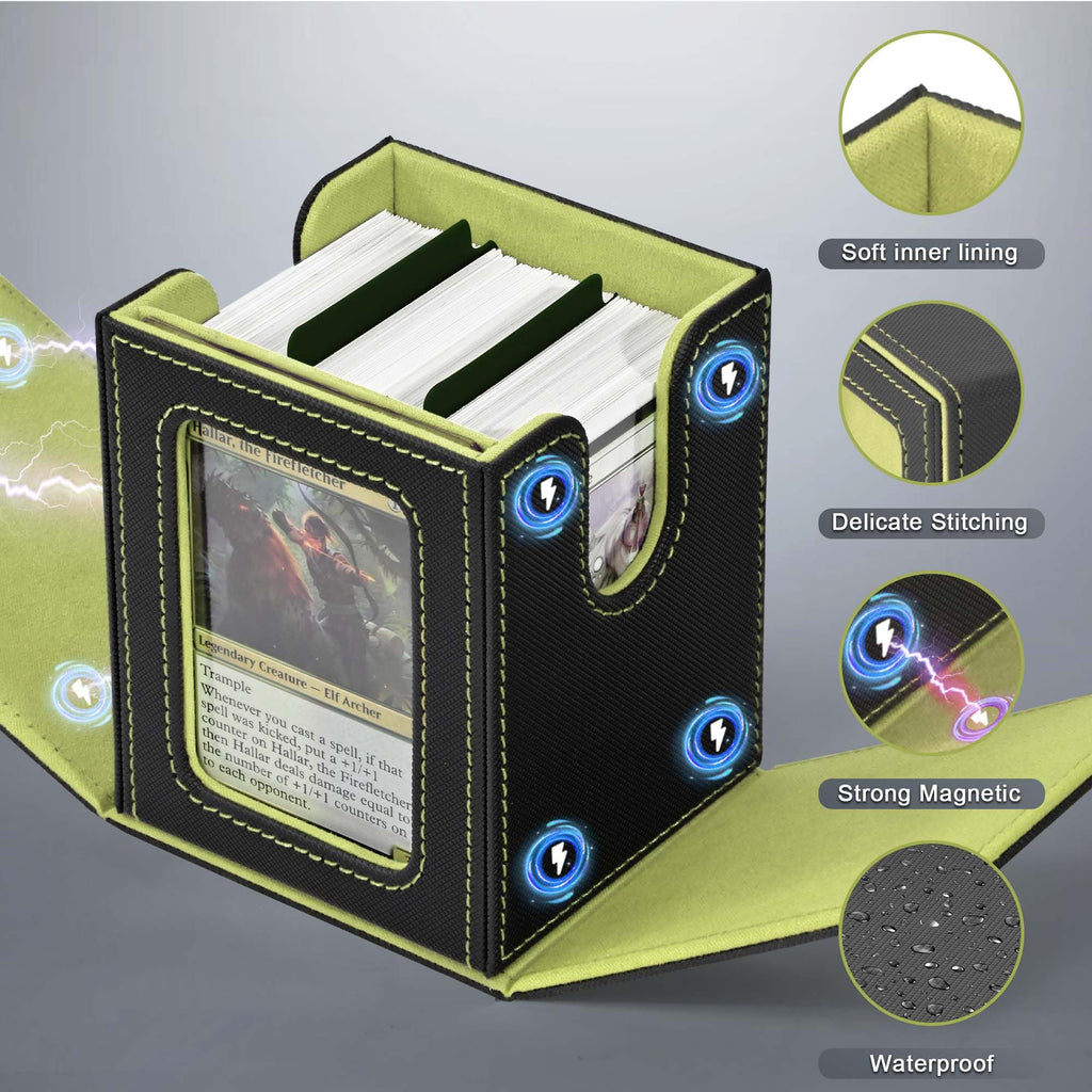 ZLCA MTG Deck Box with Commander Window Display, Commander Deck Box Holds 100 Double-Sleeved Cards Suitable for Magic the Gathering/TCG/CCG/PTCG/EDH/Sport Cards (Black)