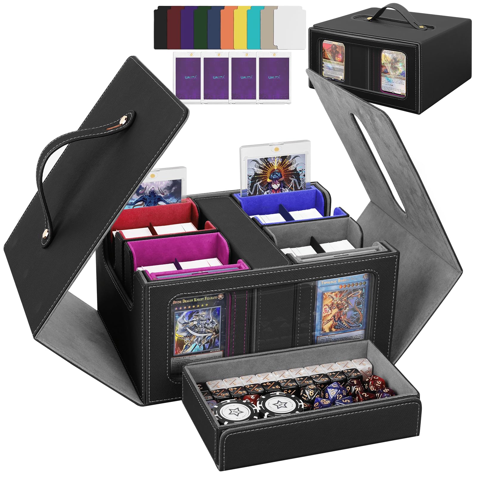 Card Deck Box for MTG with Commander Display, 5 in 1 Card Storage Box Fits 400+ Double-sleeved Cards, Deck Case for TCG Cards with Dividers, Dice Tray, Magnetic Card Holders, Black Purple