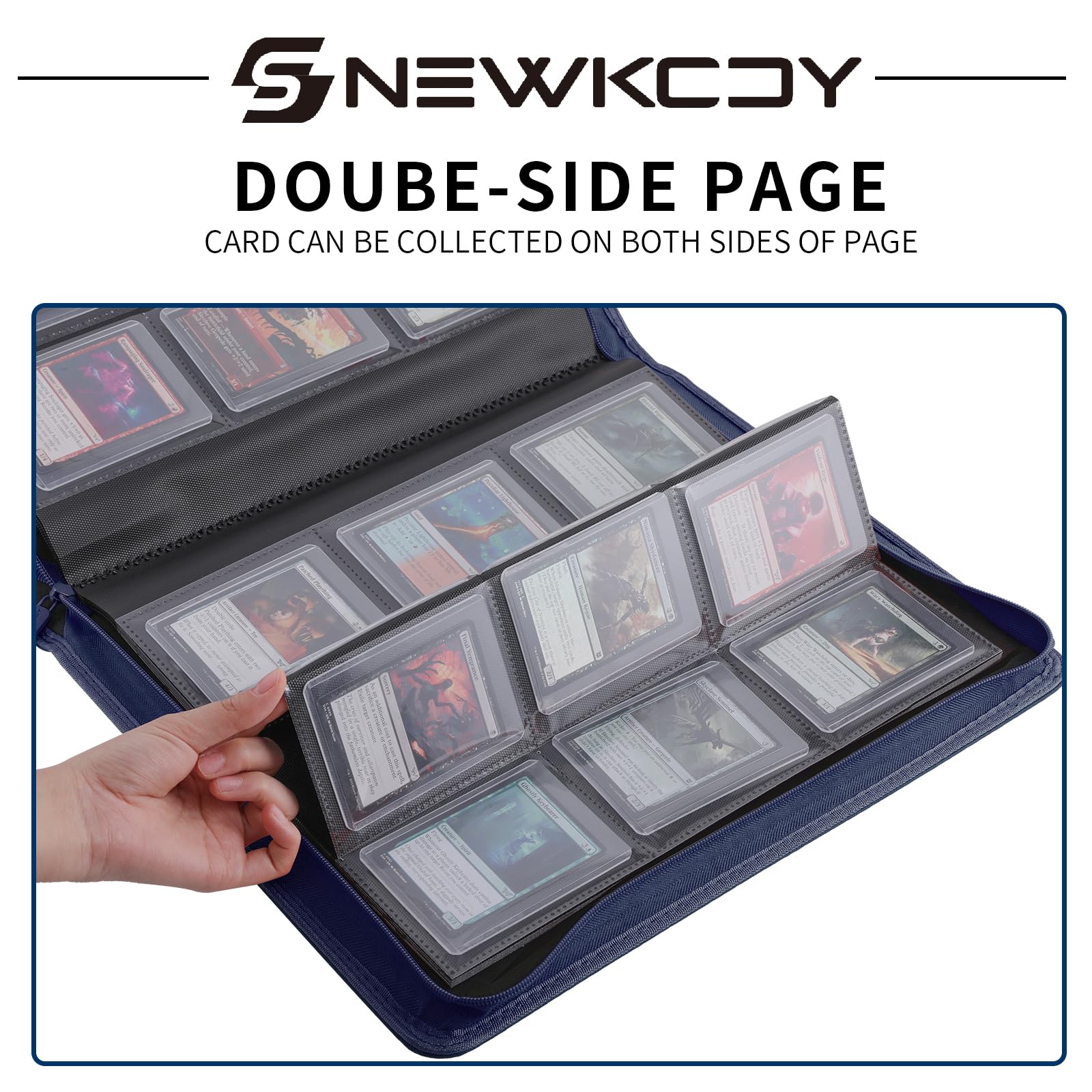 Snekdy Top loader Binder, 9 Pockets Top Loader，Holds 360 Top Loaders cards, Card binder with Sleeves for card in 3 x 4 inches color smooth Zipper PU Leather (Black)