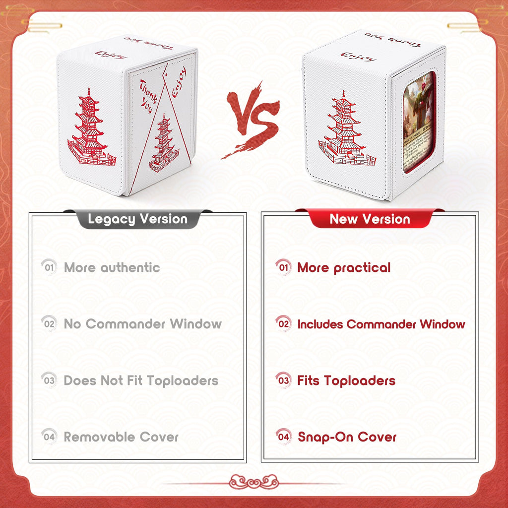 Venssu Chinese Takeout Deck Box with Commander Display, MTG Deck Case Fits 100 Double Sleeved Cards / 35+ Toploaders, Fake Leather Storage Box Compatible with TCG/PTCG Cards（White and Red）