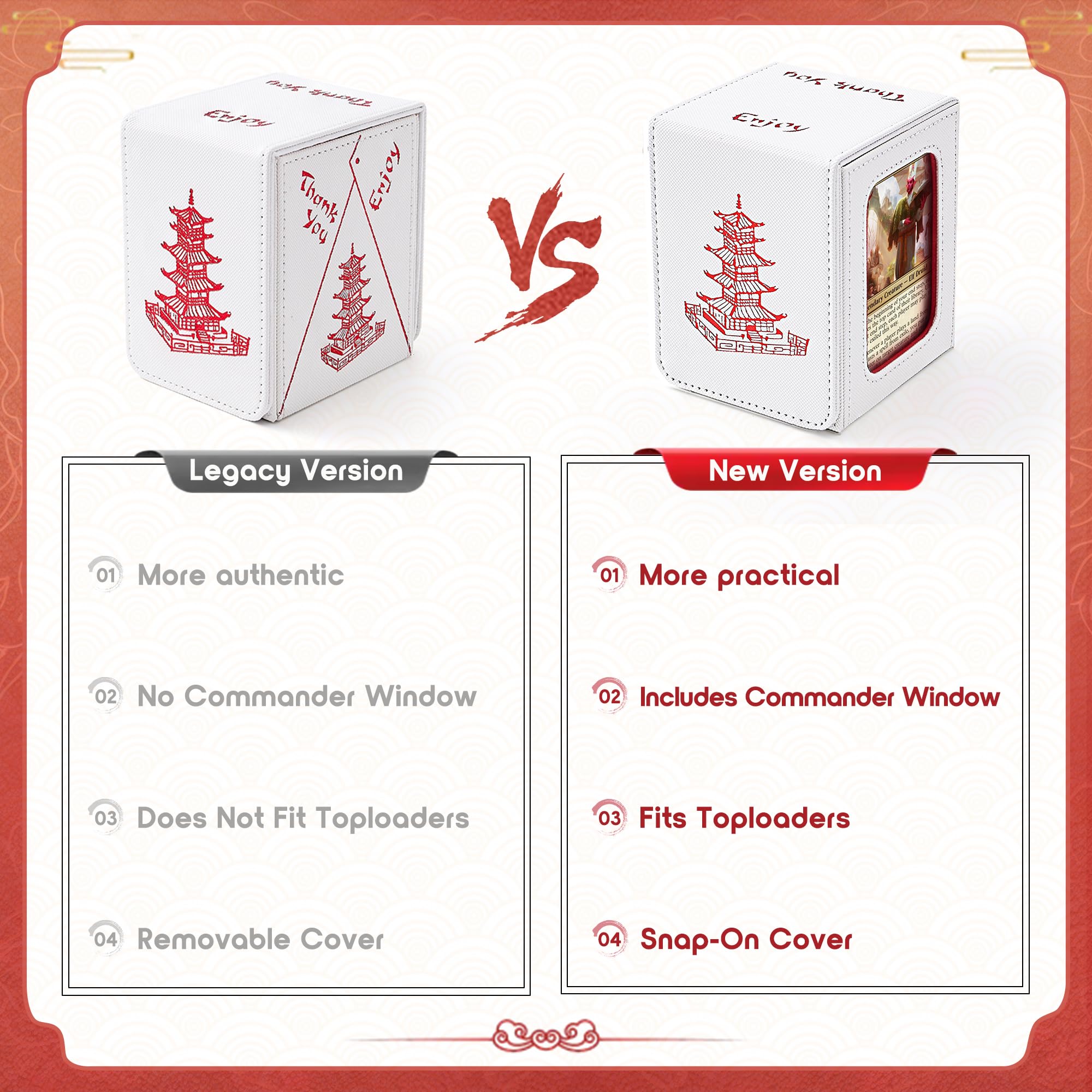 Venssu Chinese Takeout Deck Box with Commander Display, MTG Deck Case Fits 100 Double Sleeved Cards / 35+ Toploaders, Fake Leather Storage Box Compatible with TCG/PTCG Cards（White and Red）