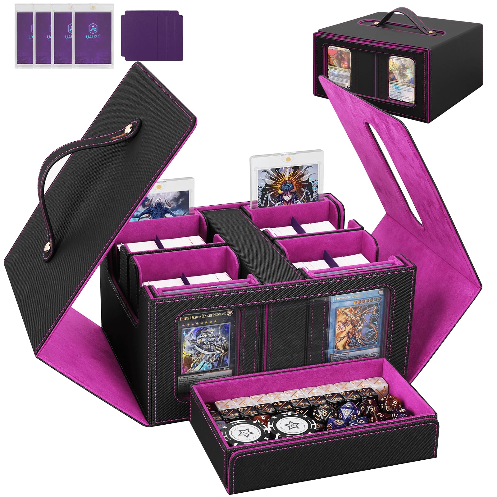 Card Deck Box for MTG with Commander Display, 5 in 1 Card Storage Box Fits 400+ Double-sleeved Cards, Deck Case for TCG Cards with Dividers, Dice Tray, Magnetic Card Holders, Black Purple