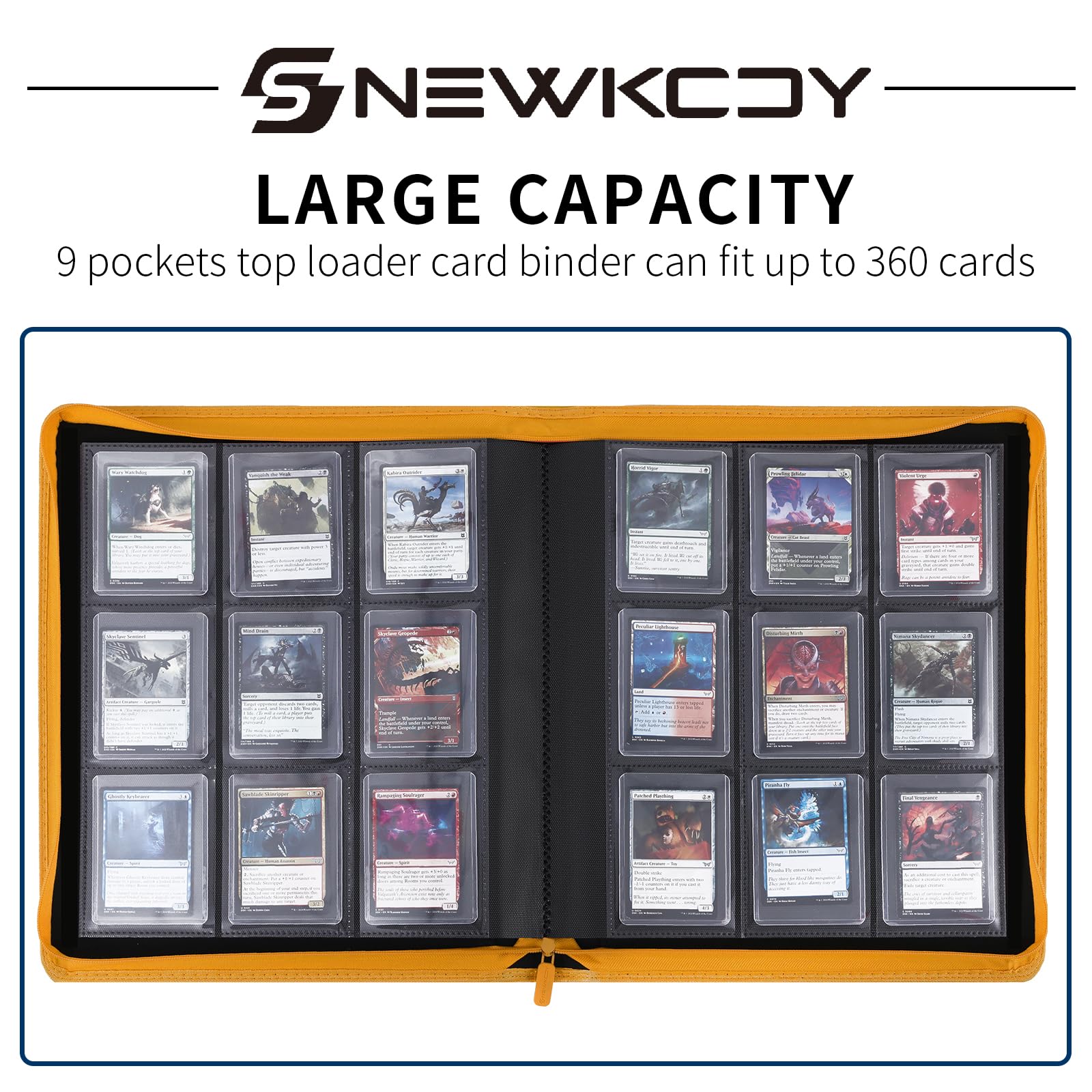 Snekdy Top loader Binder, 9 Pockets Top Loader，Holds 360 Top Loaders cards, Card binder with Sleeves for card in 3 x 4 inches color smooth Zipper PU Leather (Black)