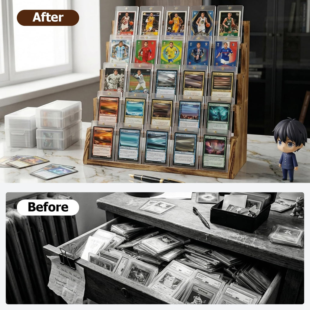 5 Tier Wooden Card Display Stand – Vertical Card Holder Display for Trading Cards, Game Cards, Sports Cards, Graded PSA/BGS/SGC, Baseball, Basketball&Football(Soccer) Card Stand, Desk & Shelf Organize,Black