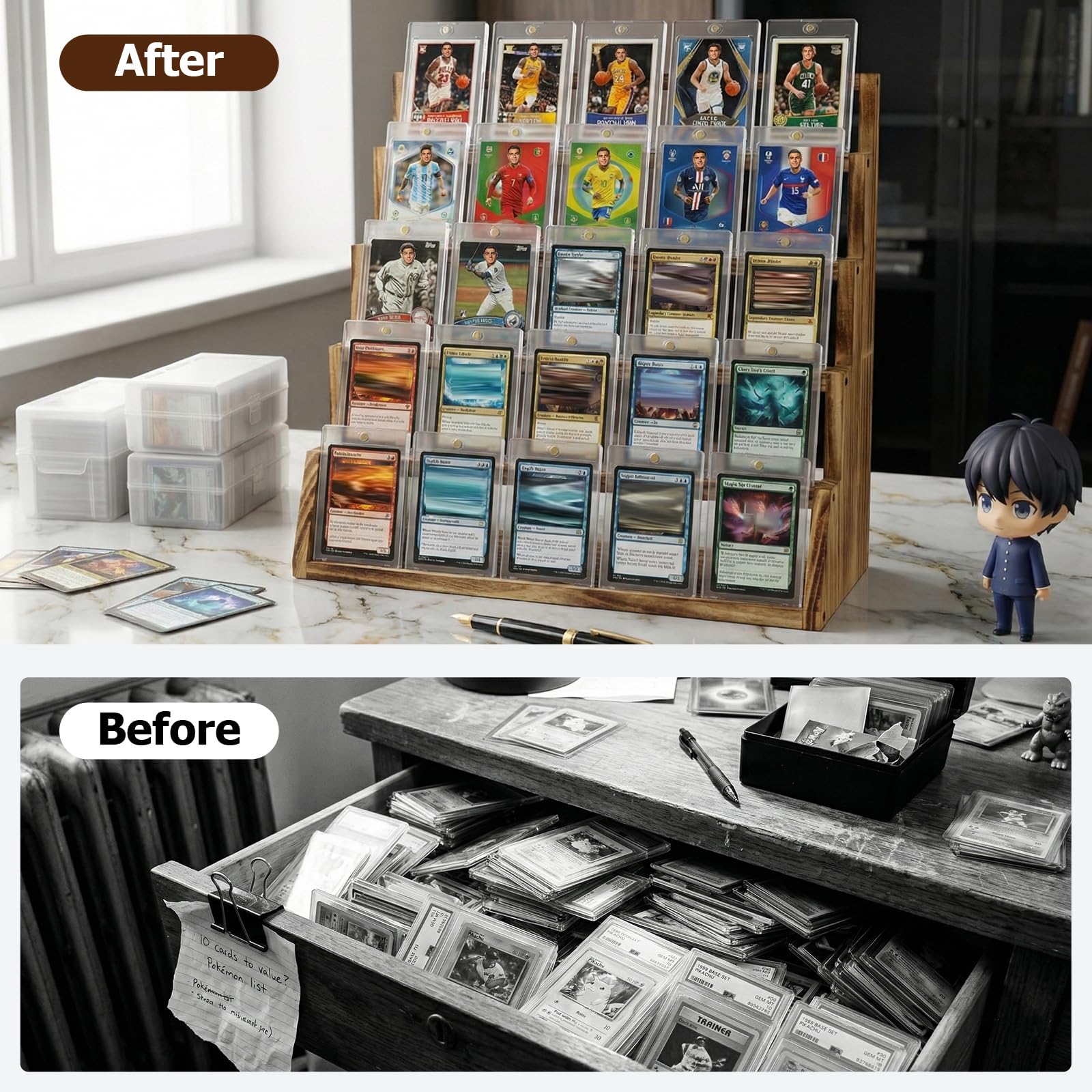 5 Tier Wooden Card Display Stand – Vertical Card Holder Display for Trading Cards, Game Cards, Sports Cards, Graded PSA/BGS/SGC, Baseball, Basketball&Football(Soccer) Card Stand, Desk & Shelf Organize,Black