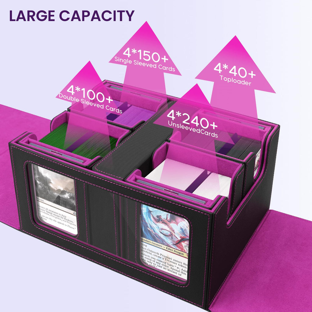 Card Deck Box for MTG with Commander Display, 5 in 1 Card Storage Box Fits 400+ Double-sleeved Cards, Deck Case for TCG Cards with Dividers, Dice Tray, Magnetic Card Holders, Black Purple