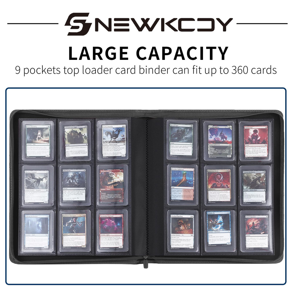 Snekdy Top loader Binder, 9 Pockets Top Loader，Holds 360 Top Loaders cards, Card binder with Sleeves for card in 3 x 4 inches color smooth Zipper PU Leather (Black)