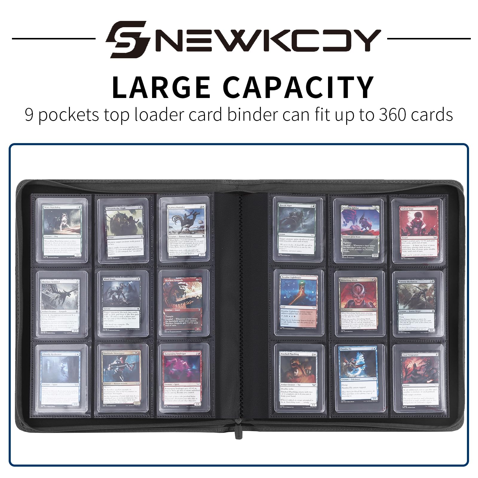 Snekdy Top loader Binder, 9 Pockets Top Loader，Holds 360 Top Loaders cards, Card binder with Sleeves for card in 3 x 4 inches color smooth Zipper PU Leather (Black)