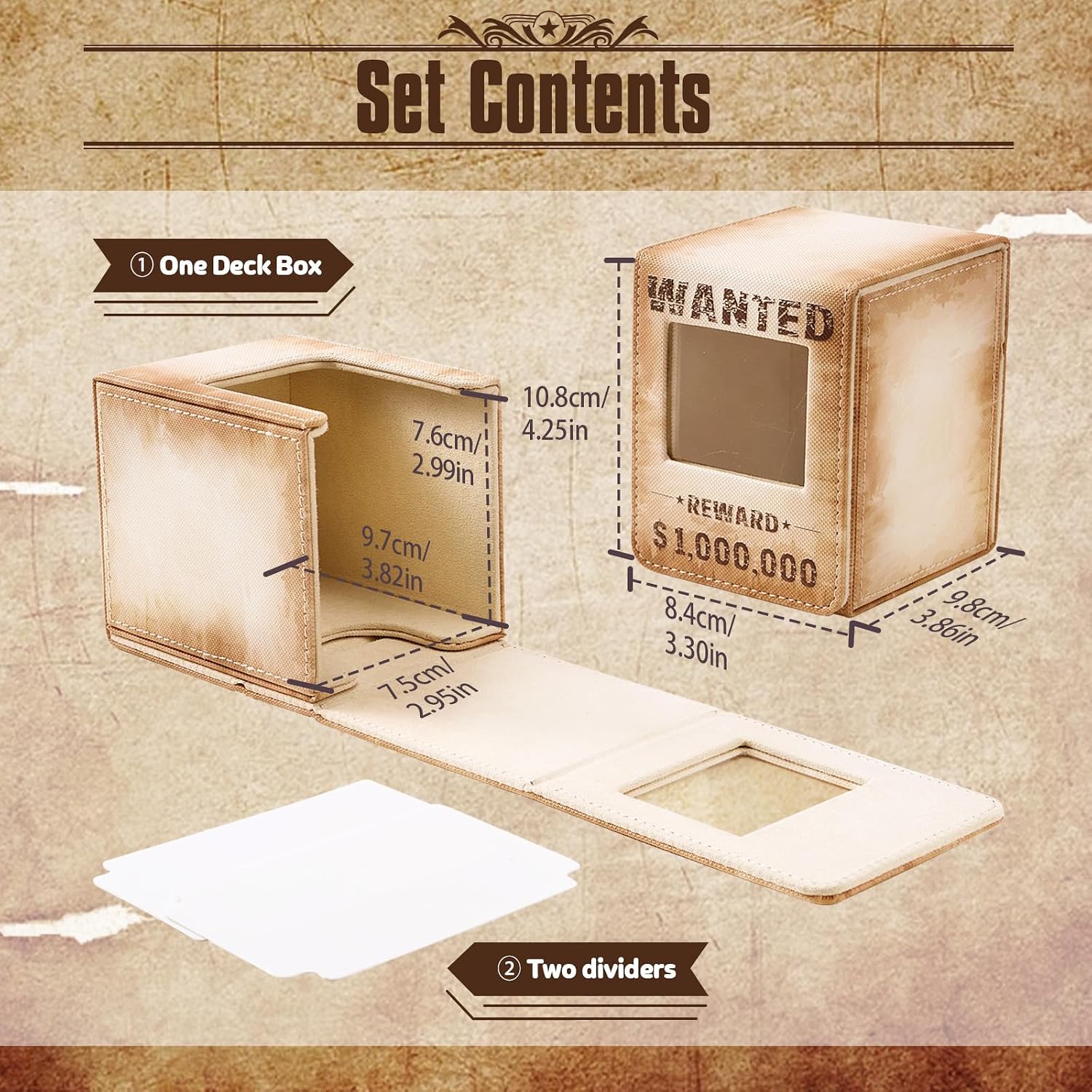 Venssu Wanted Poster Themed Deck Box with Commander Display, MTG Card Deck Case Fit 120 Single Sleeved Cards, PU Leather Magnetic Card Storage Box with 2 Dividers, Compatible with One Piece/TCG