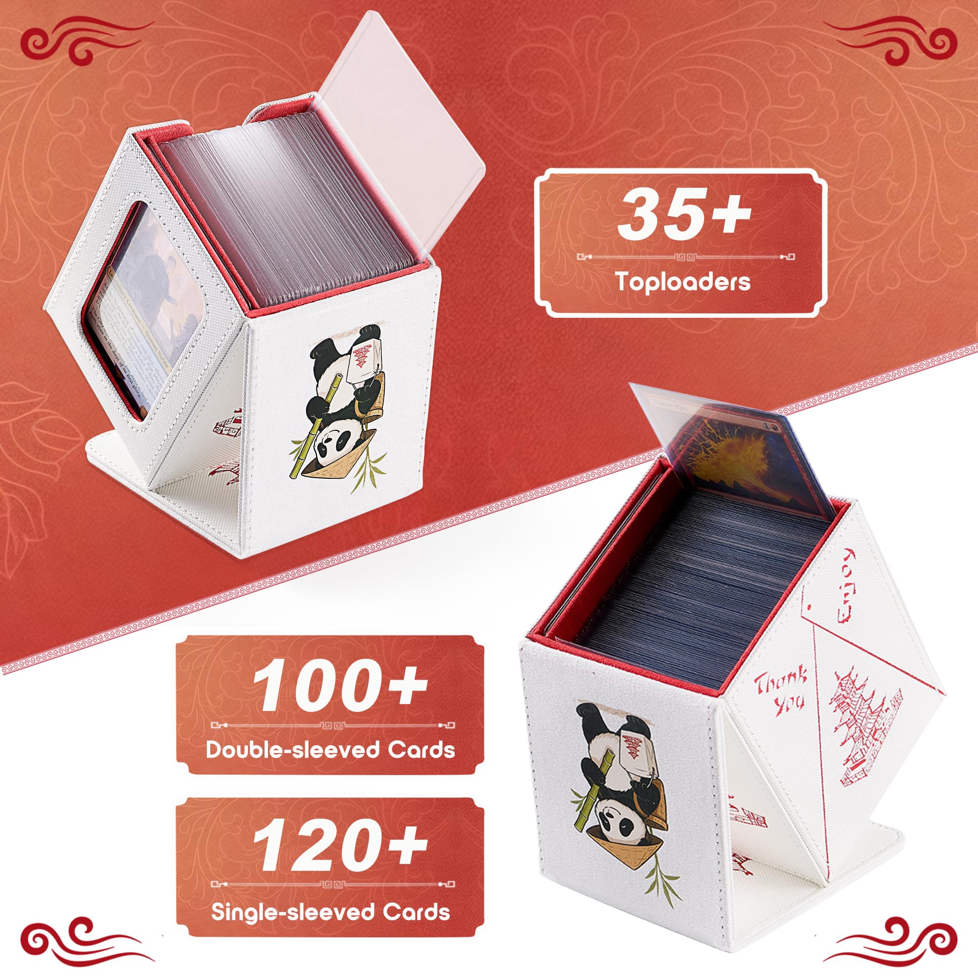 Venssu Chinese Takeout Deck Box with Commander Display, MTG Deck Case Fits 100 Double Sleeved Cards / 35+ Toploaders, Fake Leather Storage Box Compatible with TCG/PTCG Cards（White and Red）