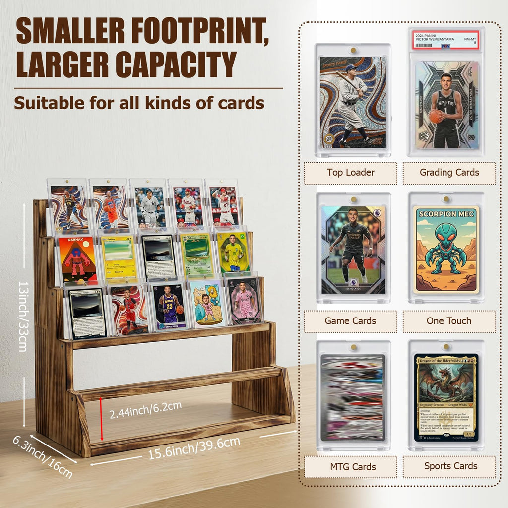 5 Tier Wooden Card Display Stand – Vertical Card Holder Display for Trading Cards, Game Cards, Sports Cards, Graded PSA/BGS/SGC, Baseball, Basketball&Football(Soccer) Card Stand, Desk & Shelf Organize,Black