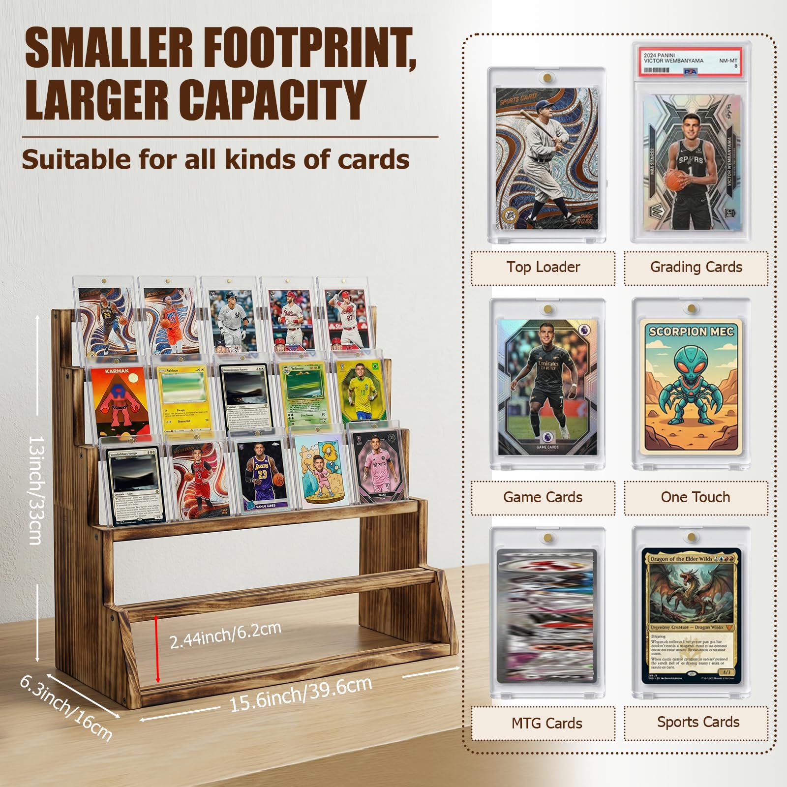 5 Tier Wooden Card Display Stand – Vertical Card Holder Display for Trading Cards, Game Cards, Sports Cards, Graded PSA/BGS/SGC, Baseball, Basketball&Football(Soccer) Card Stand, Desk & Shelf Organize,Black
