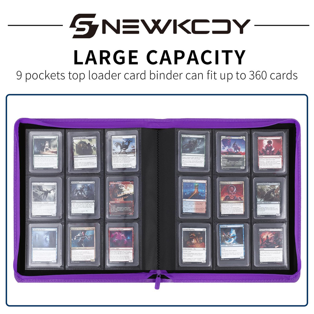 Snekdy Top loader Binder, 9 Pockets Top Loader，Holds 360 Top Loaders cards, Card binder with Sleeves for card in 3 x 4 inches color smooth Zipper PU Leather (Black)