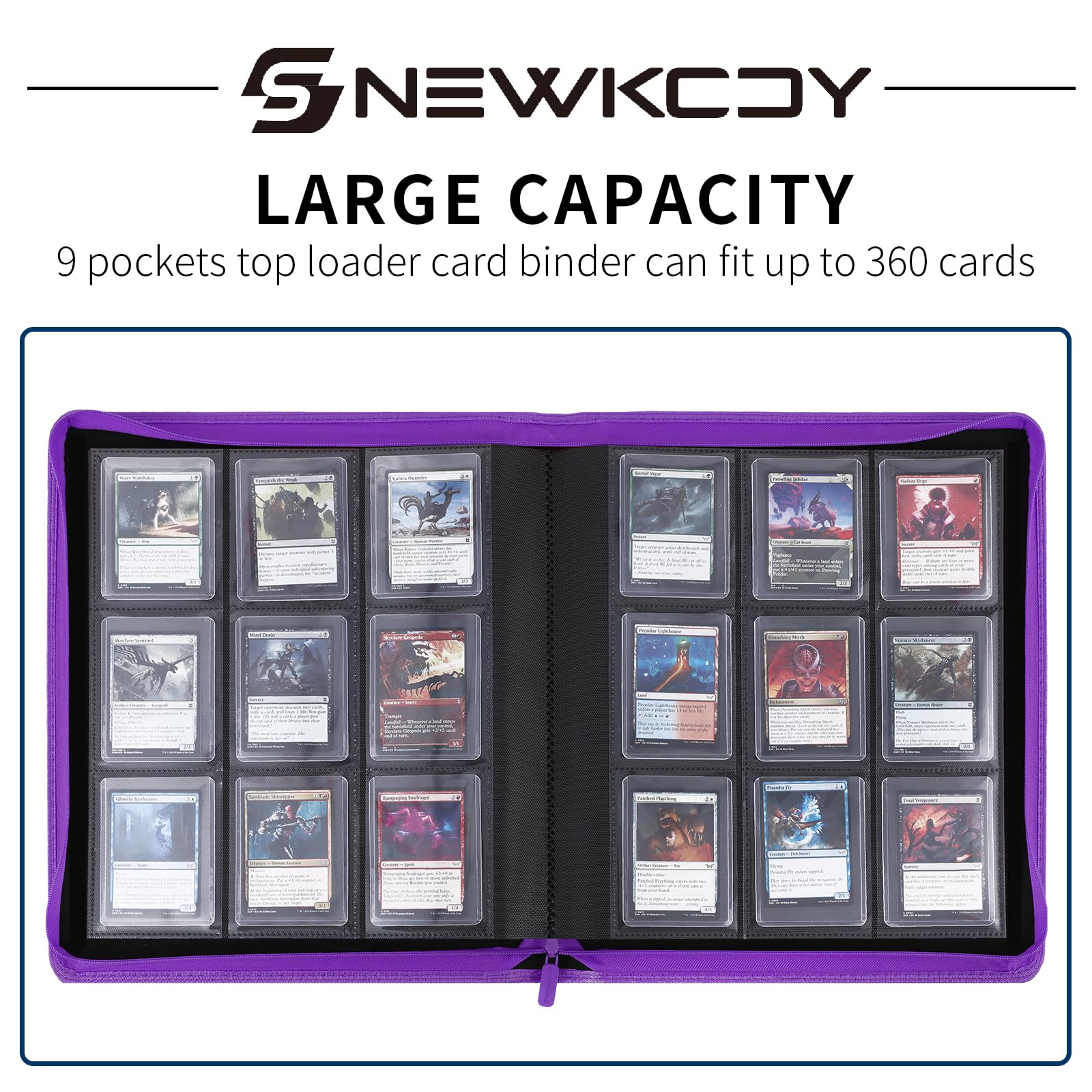 Snekdy Top loader Binder, 9 Pockets Top Loader，Holds 360 Top Loaders cards, Card binder with Sleeves for card in 3 x 4 inches color smooth Zipper PU Leather (Black)