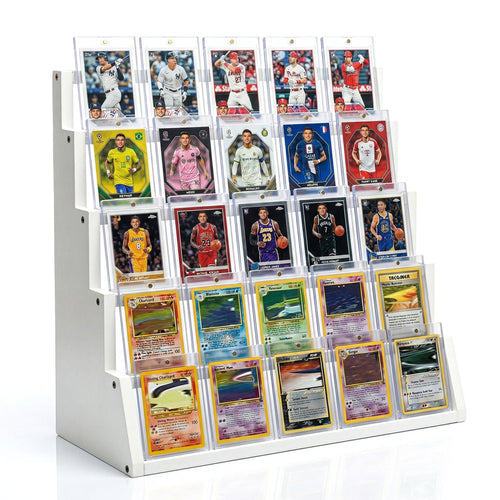 5 Tier Wooden Card Display Stand – Vertical Card Holder Display for Trading Cards, Game Cards, Sports Cards, Graded PSA/BGS/SGC, Baseball, Basketball&Football(Soccer) Card Stand, Desk & Shelf Organize,Black