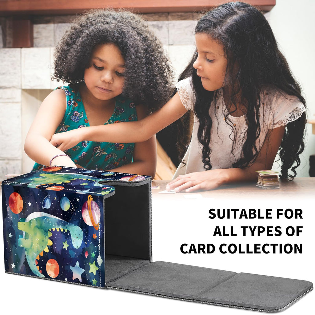 Card Deck Box for MTG Trading Cards, Magic Card Box Can Hold 110+ Single Sleeved Cards, Waterproof PU Leather Material, Strong Magnetic Buckle Card Set Box Suitable for TCG CCG, Astronaut Dinosaur