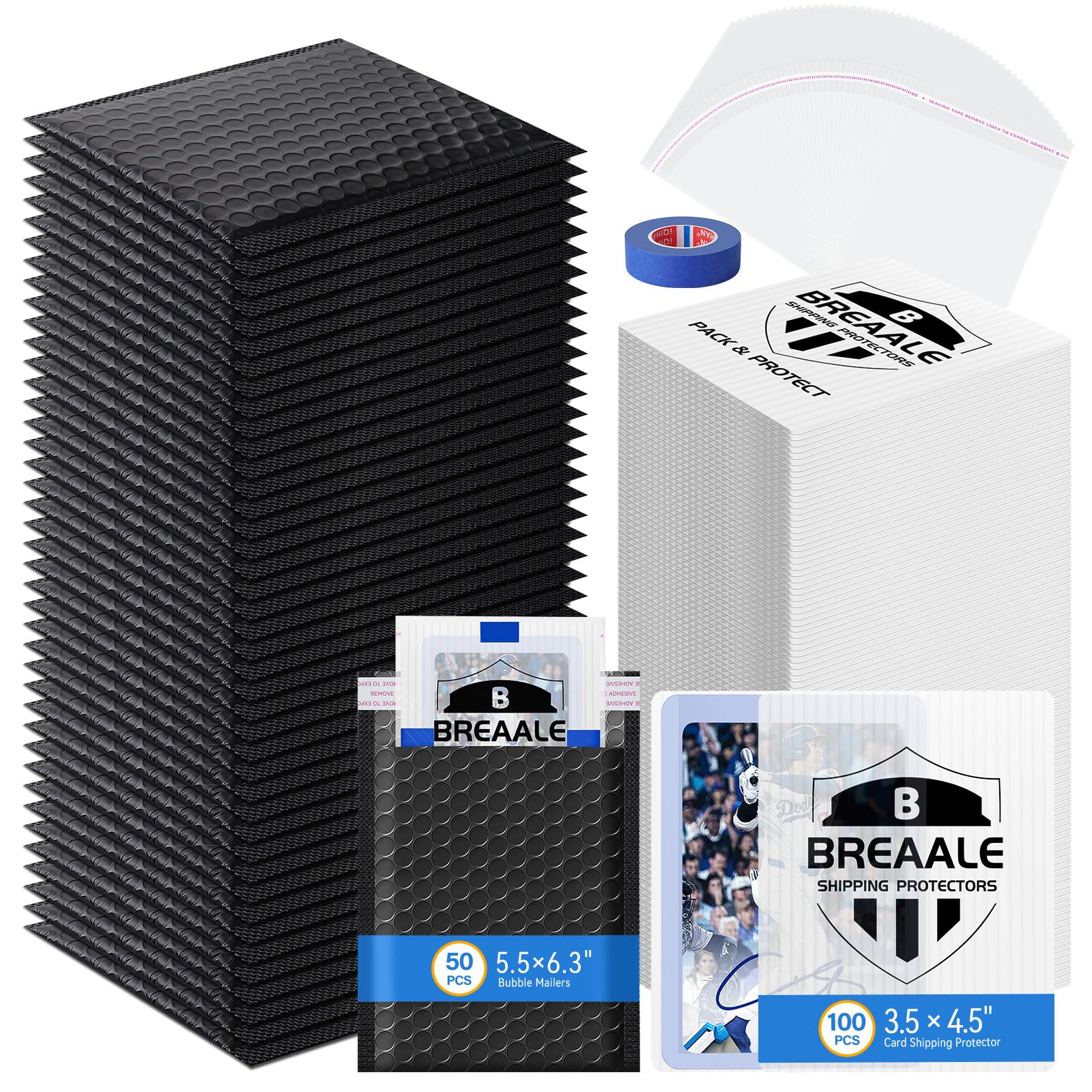 Trading Card Shipping Kit, Includes 100 4'' x 6'' Graded Card Shipping Protectors, 50 6'' x 8.7'' Envelope Bubble Mailers, 20M Painter’s Tape, 50 Cellophane Bags, PSA BGS CGC Slabs & Raw