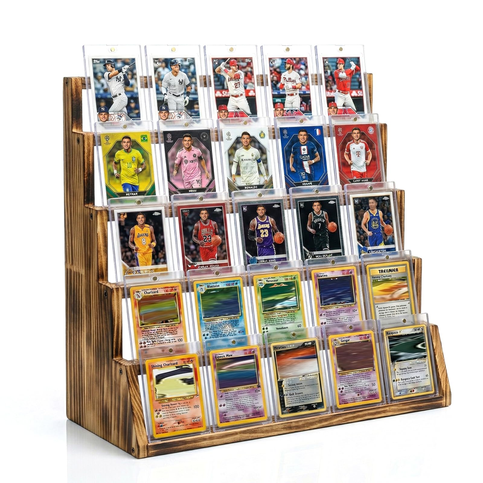 5 Tier Wooden Card Display Stand – Vertical Card Holder Display for Trading Cards, Game Cards, Sports Cards, Graded PSA/BGS/SGC, Baseball, Basketball&Football(Soccer) Card Stand, Desk & Shelf Organize,Black