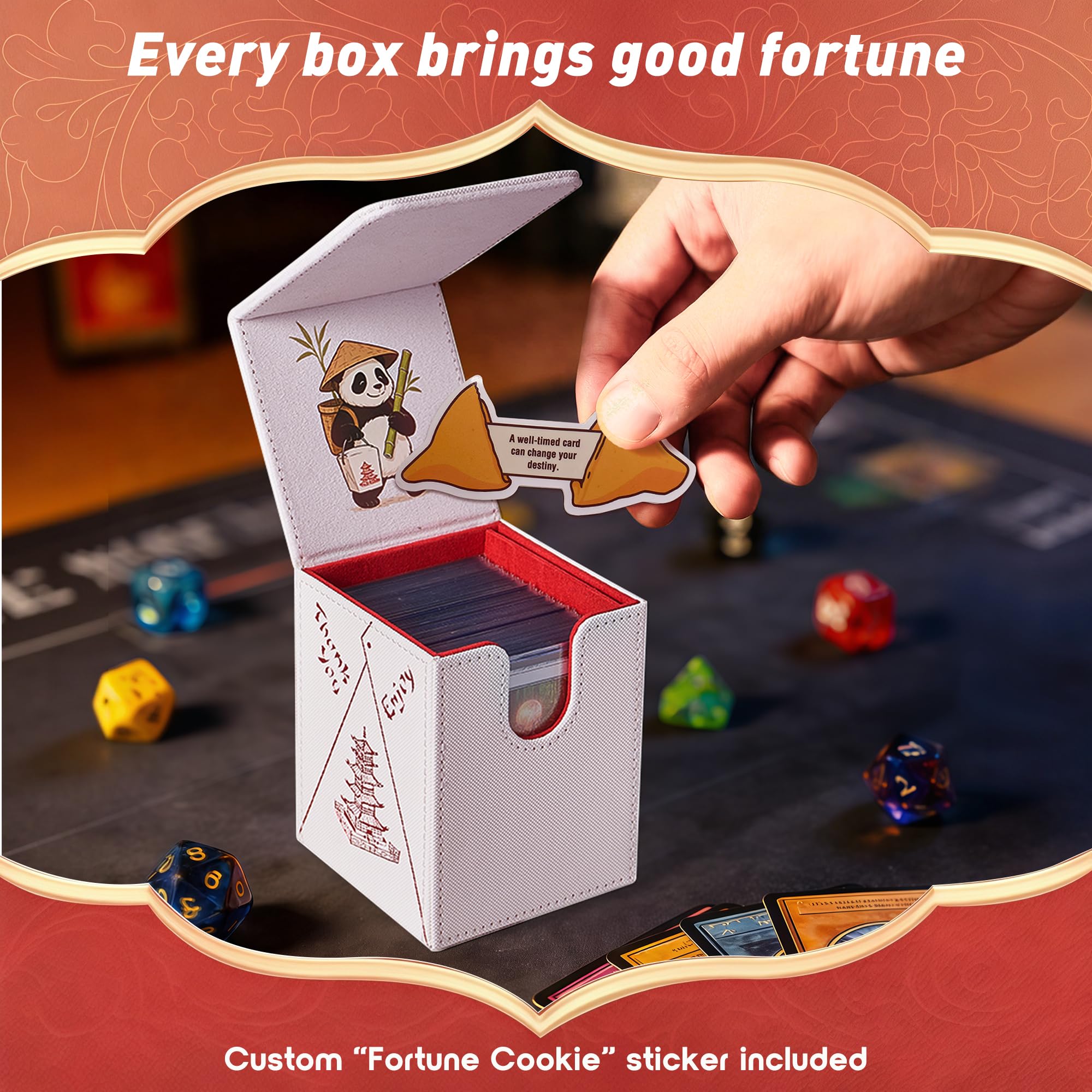 Venssu Chinese Takeout Deck Box with Commander Display, MTG Deck Case Fits 100 Double Sleeved Cards / 35+ Toploaders, Fake Leather Storage Box Compatible with TCG/PTCG Cards（White and Red）