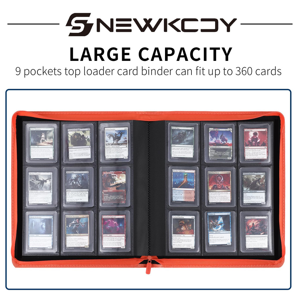 Snekdy Top loader Binder, 9 Pockets Top Loader，Holds 360 Top Loaders cards, Card binder with Sleeves for card in 3 x 4 inches color smooth Zipper PU Leather (Black)