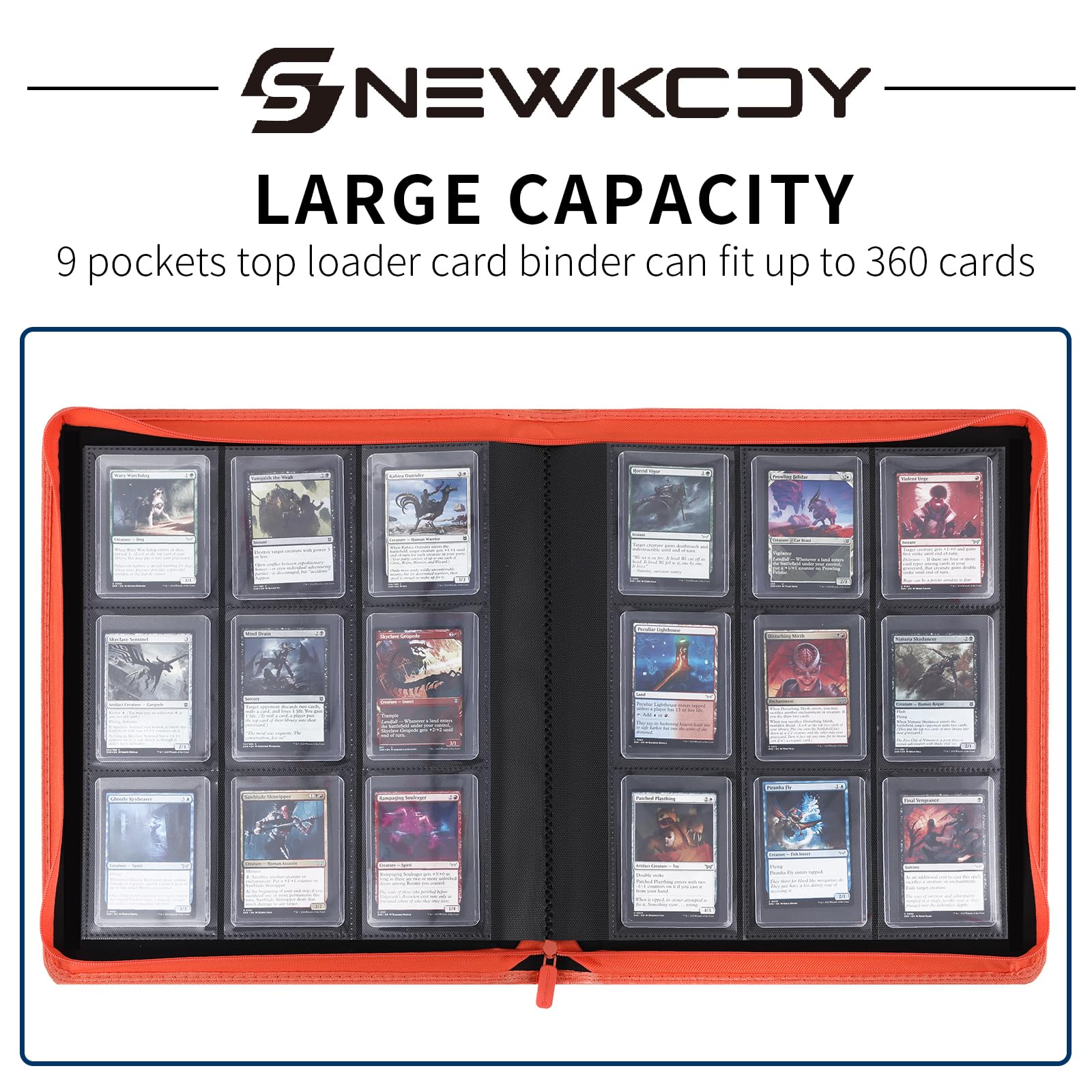 Snekdy Top loader Binder, 9 Pockets Top Loader，Holds 360 Top Loaders cards, Card binder with Sleeves for card in 3 x 4 inches color smooth Zipper PU Leather (Black)