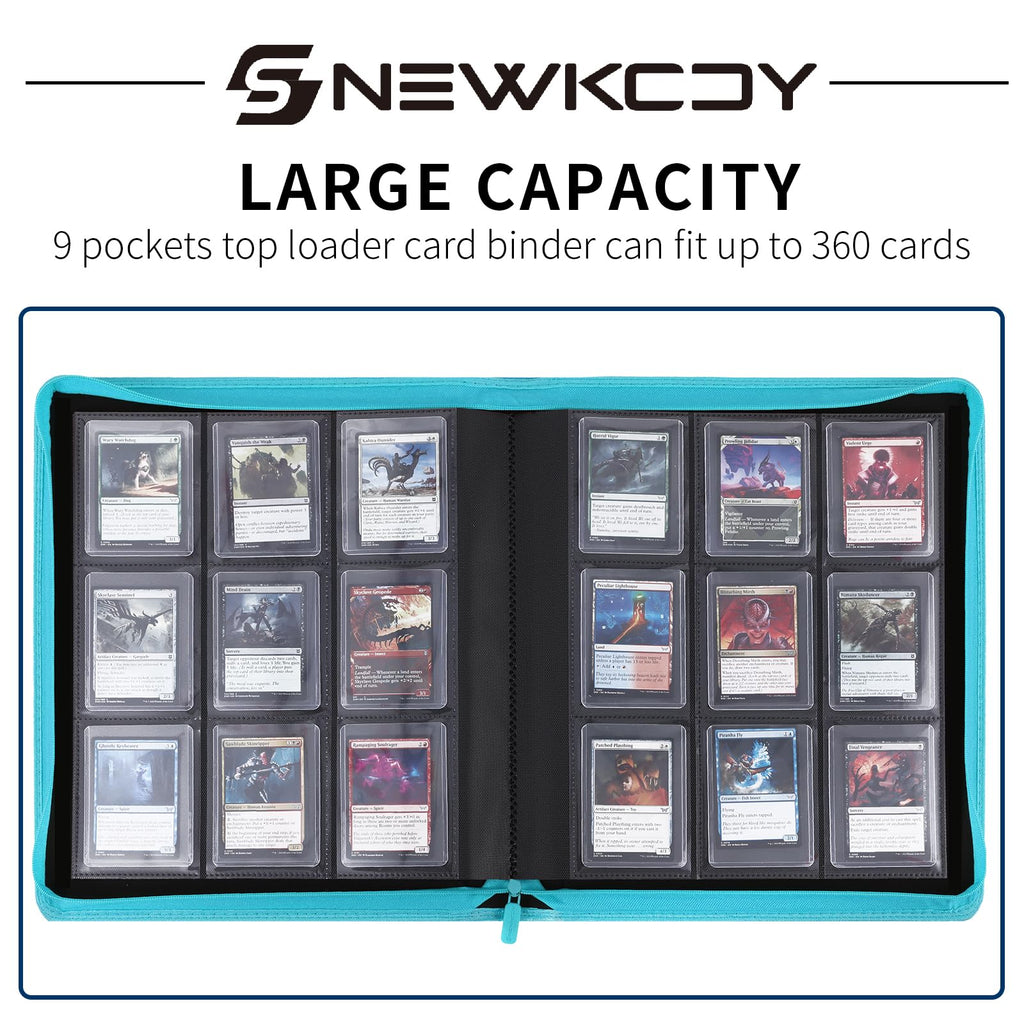 Snekdy Top loader Binder, 9 Pockets Top Loader，Holds 360 Top Loaders cards, Card binder with Sleeves for card in 3 x 4 inches color smooth Zipper PU Leather (Black)